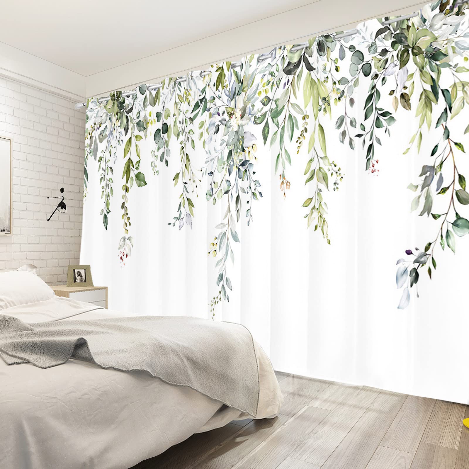 Yeele 42x85 Inches Green Leaves Window Curtains - Nature Inspired Botanical Print Grommet Drapes, 2 Panels Set for Living Room, Bedroom & Kitchen | Perfect for Spring Decor & Rustic Home Style