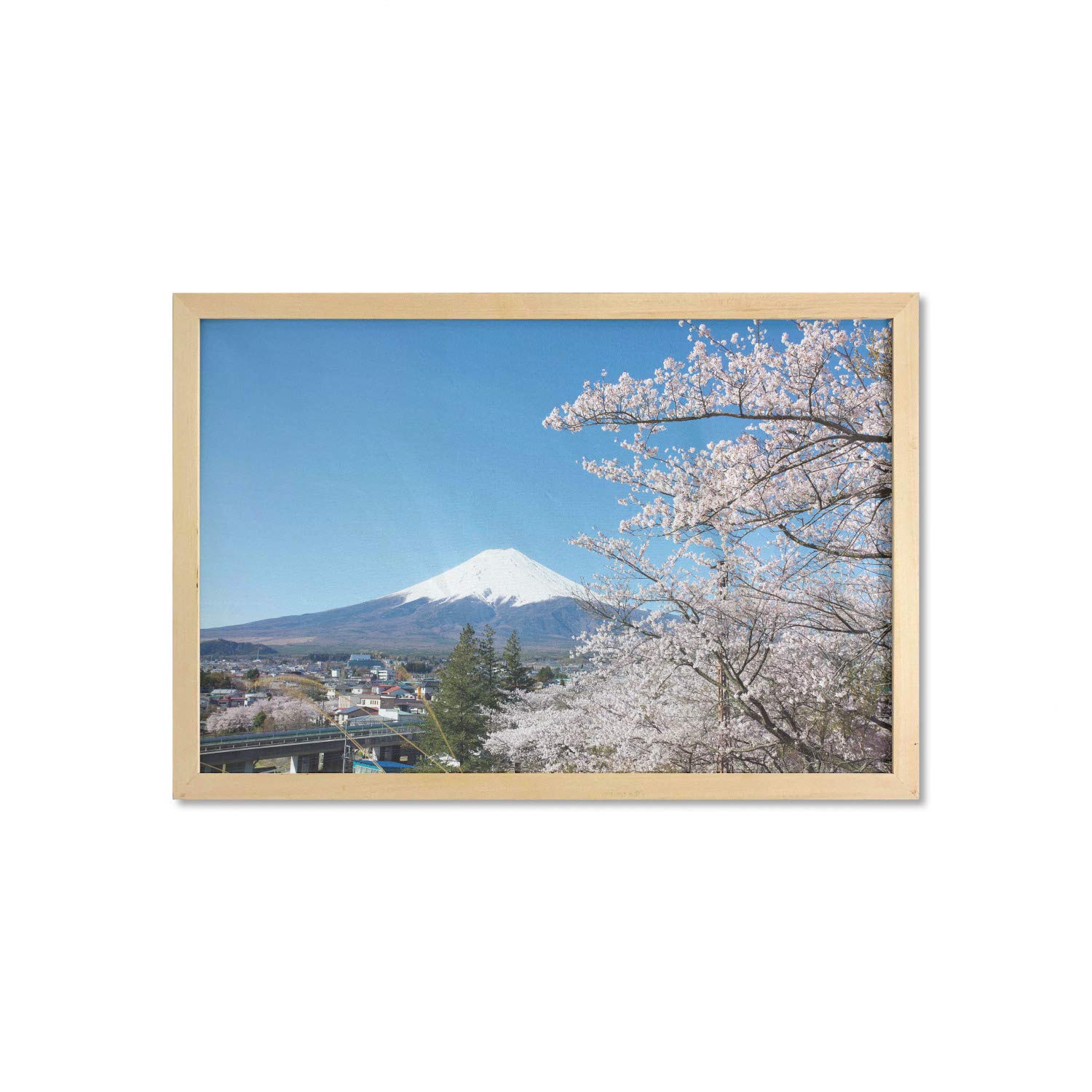 Ambesonne Framed Mountain Wall Art - Japan Snowy Mountain, Cherry Blossom Sakura Tree & Town Landscape Print - 35