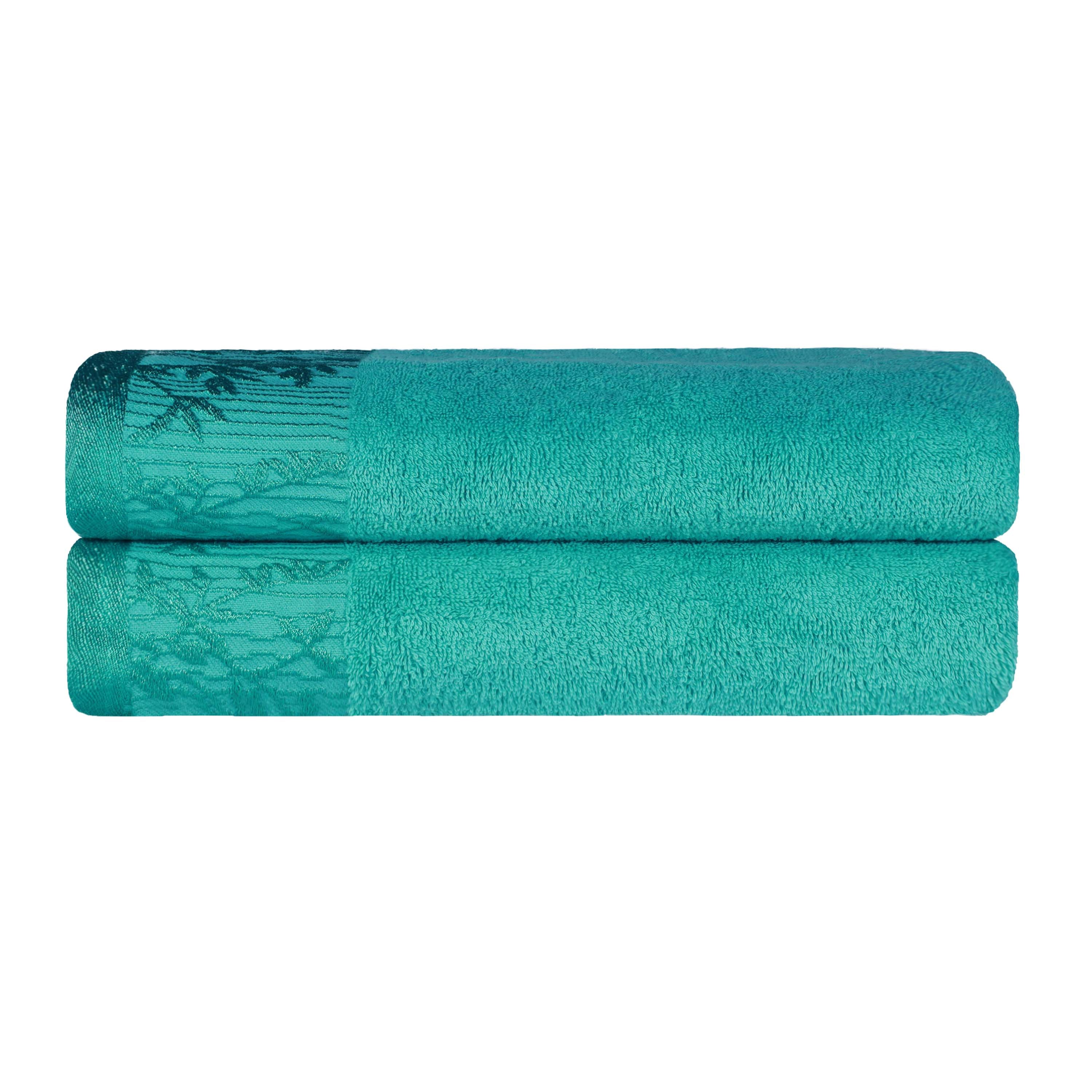 Premium Wisteria Cotton Floral Embroidered Jacquard Border Bath Towel Set of 2 - Soft Absorbent Luxury Towels for Spa, Bathroom & Guest Use