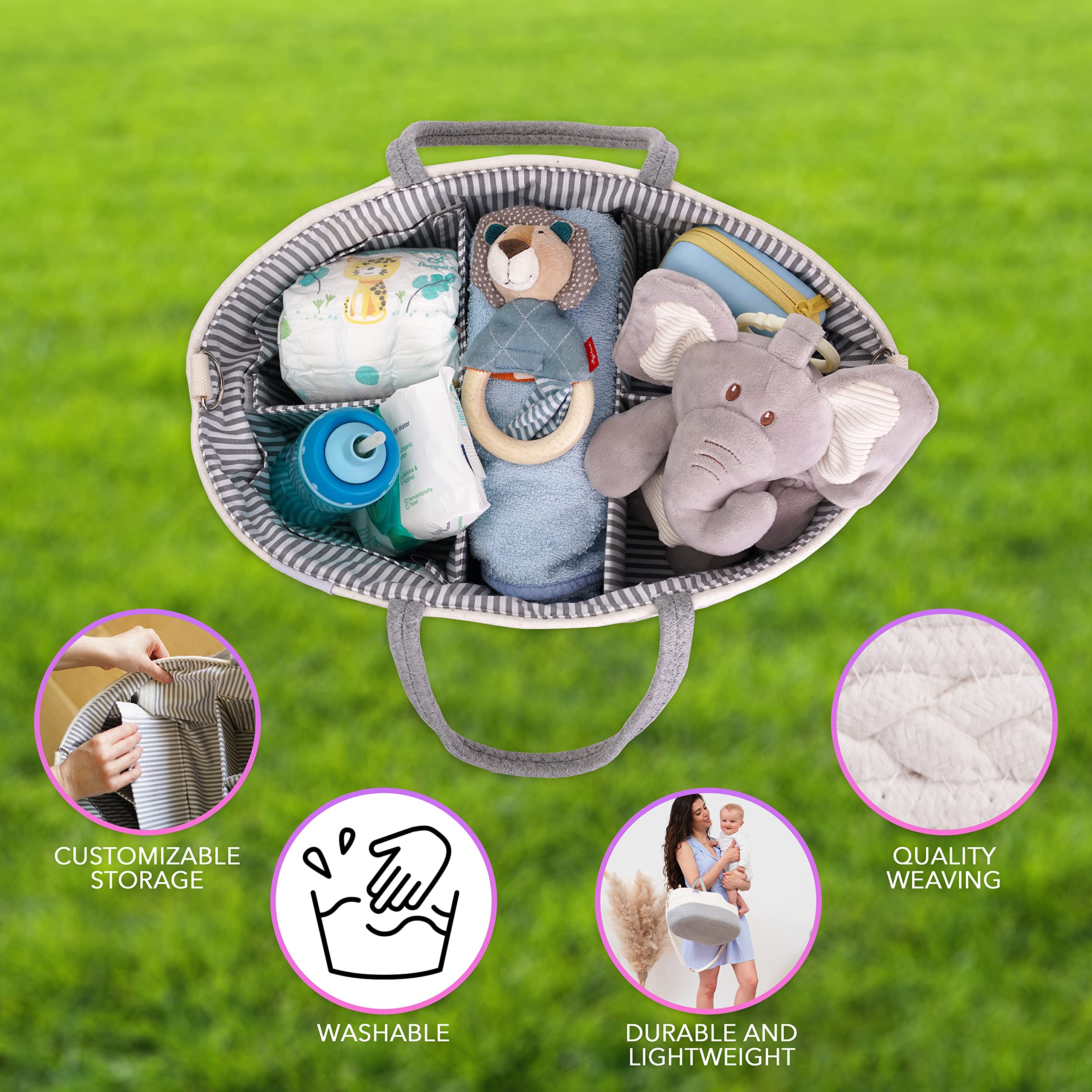 Extra Large Baby Diaper Caddy Organizer - Portable Rope Diaper Storage Basket for Nursery & Changing Table - Baby Essentials Organizer with Multiple Pockets - Perfect for Diapers, Wipes, Toys & Baby Care Items at Home or Travel