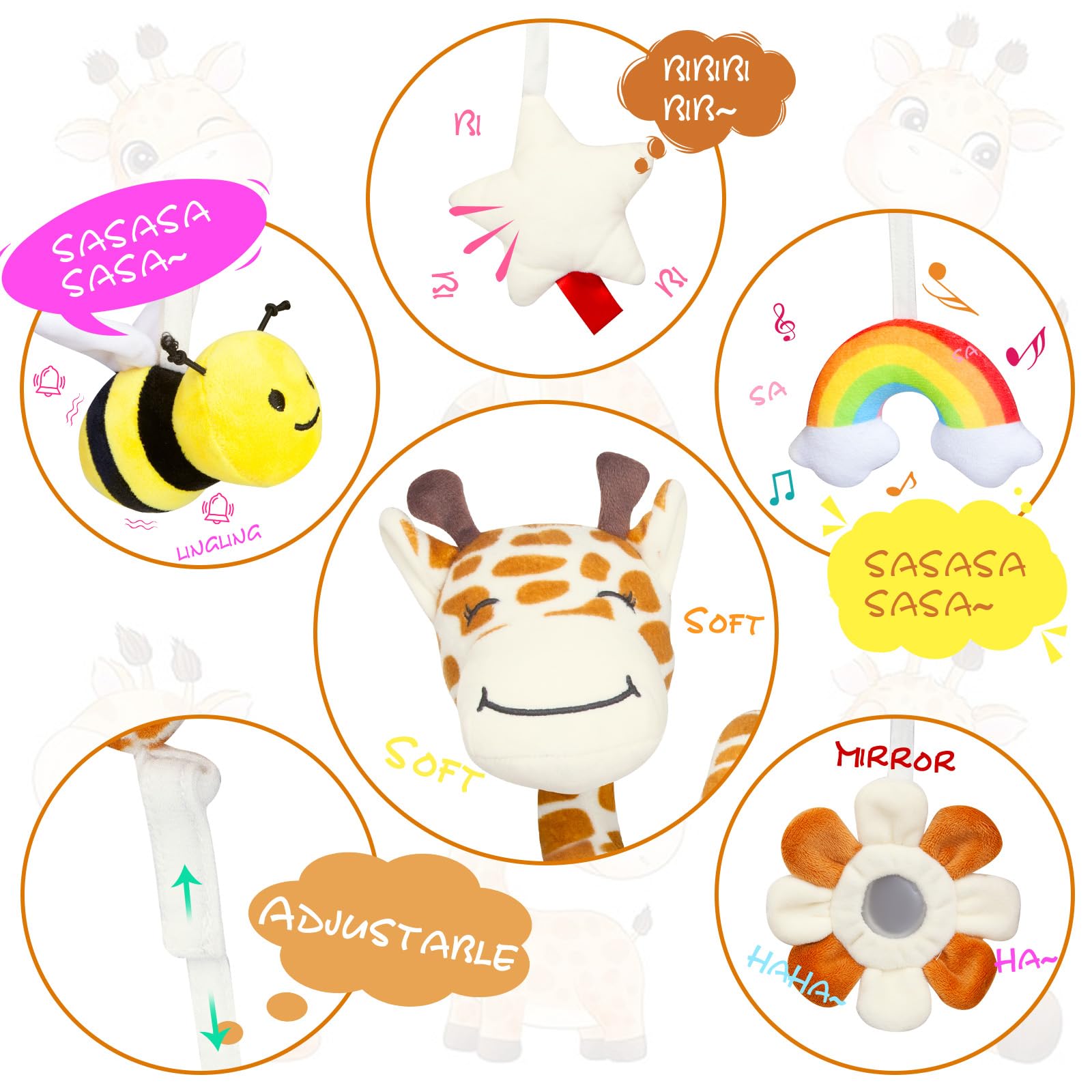 Soft Spiral Stuffed Giraffe Car Seat Toy for Babies 0-6 Months - Hanging Stroller Activity Toy with Bee Rattle, Flower Mirror, Rainbow Cloud & Star Bibi - Perfect Baby Shower Gift for Newborns & Infant Car Seat Entertainment