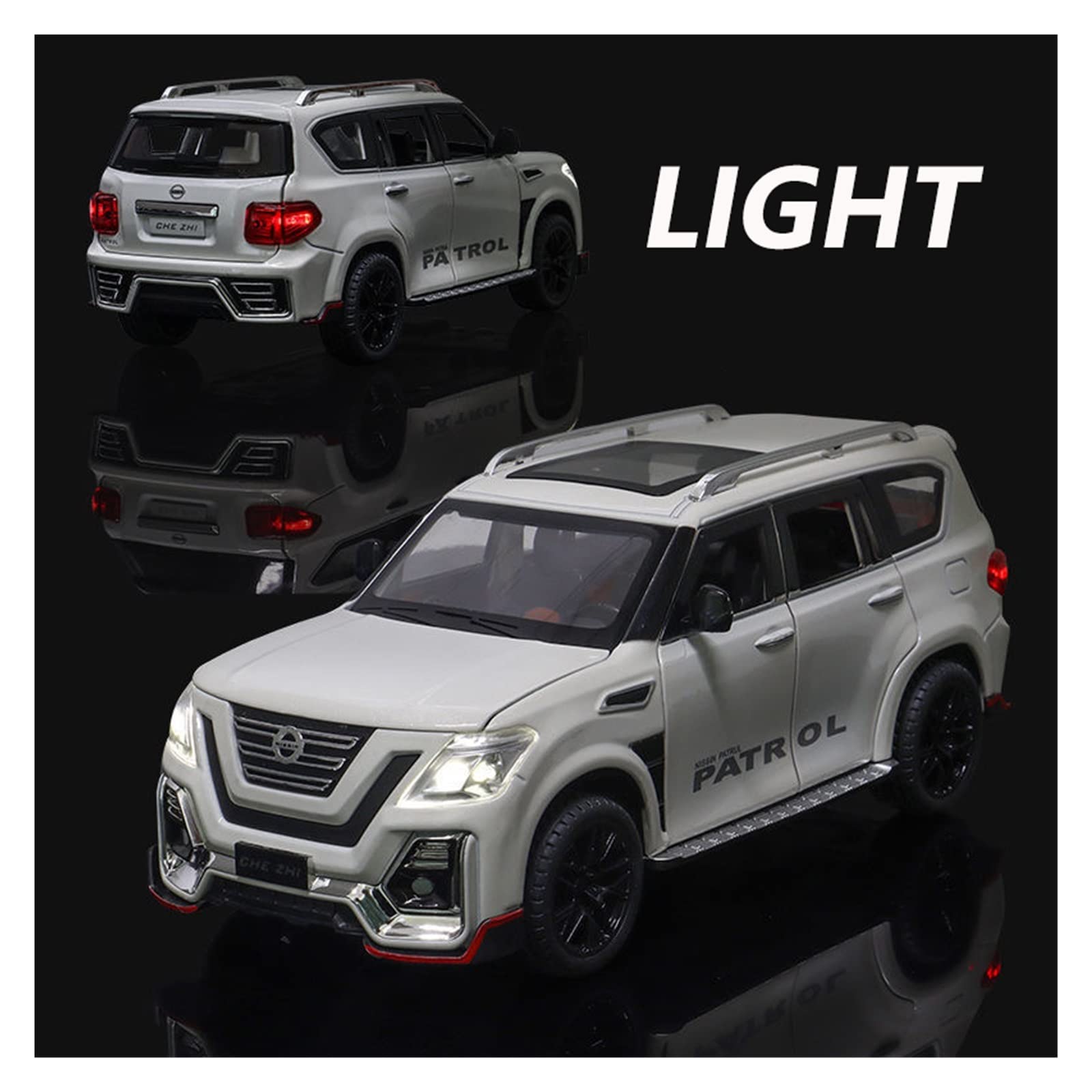 Nissan Patrol 1:24 Alloy Diecast Car Model with Light & Sound Effects - Black Toy Car for Collectors, Kids Gift, and Home Display