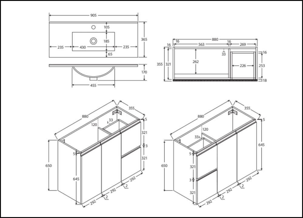Fienza Siska 90DFL 900mm Modern Wall Mounted Bathroom Vanity with Left Drawers in Satin White - Perfect for Small Bathrooms & Space-Saving Home Decor
