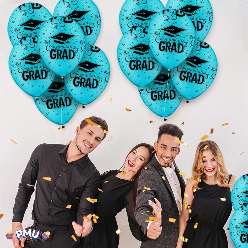50 Pcs Turquoise Graduation Balloons Class of 2025 with Printed White Grad Caps, Confetti & Streamers - Latex Party Decorations for Graduation Ceremony, School Celebration & Congratulatory Events