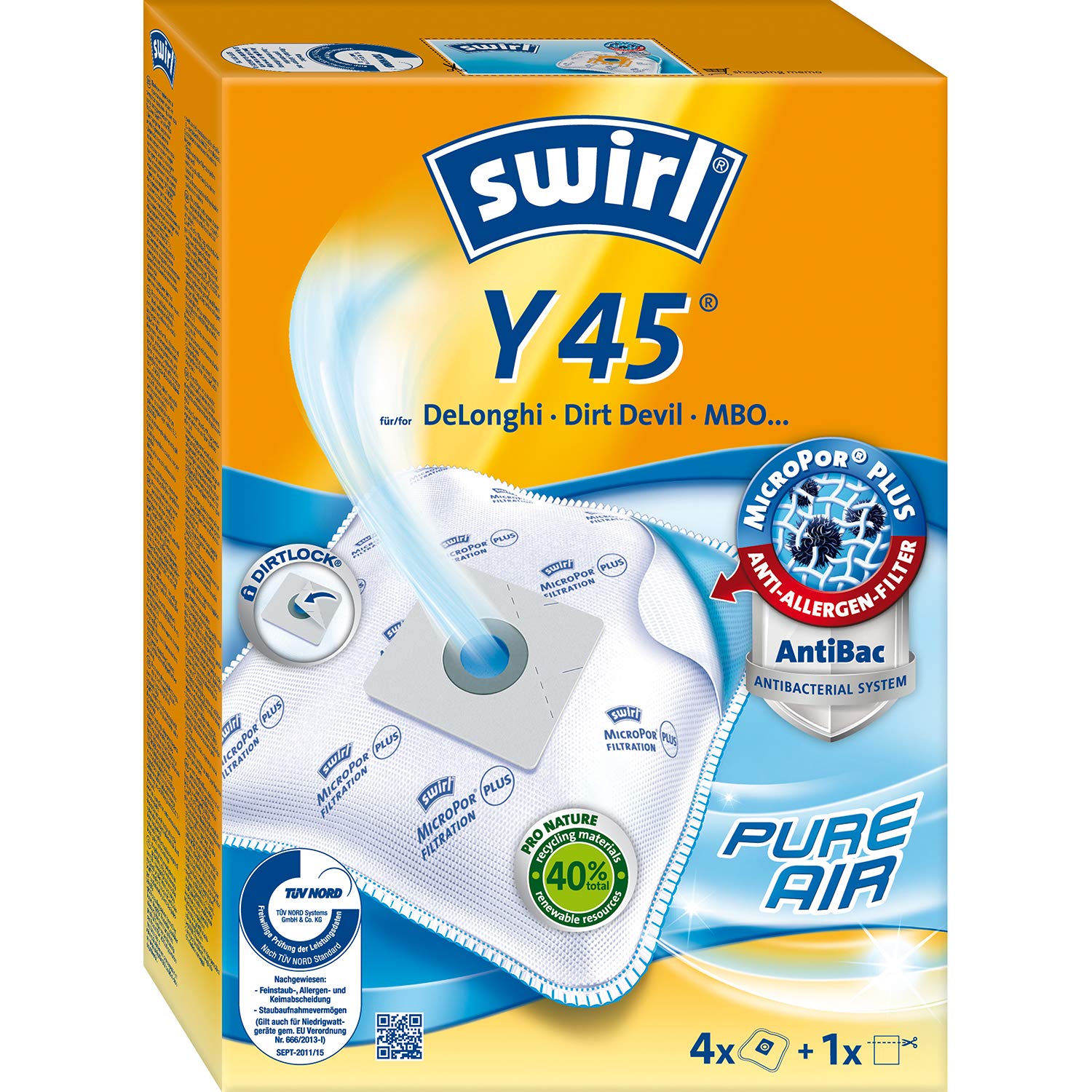 Swirl Y 45 AirSpace Vacuum Cleaner Bags for DeLonghi - 4 Bags + 1 Filter with Mounting Plate | Highly Absorbent Replacement Bags | Ideal for Home Cleaning, Pet Hair Removal & Allergen Reduction