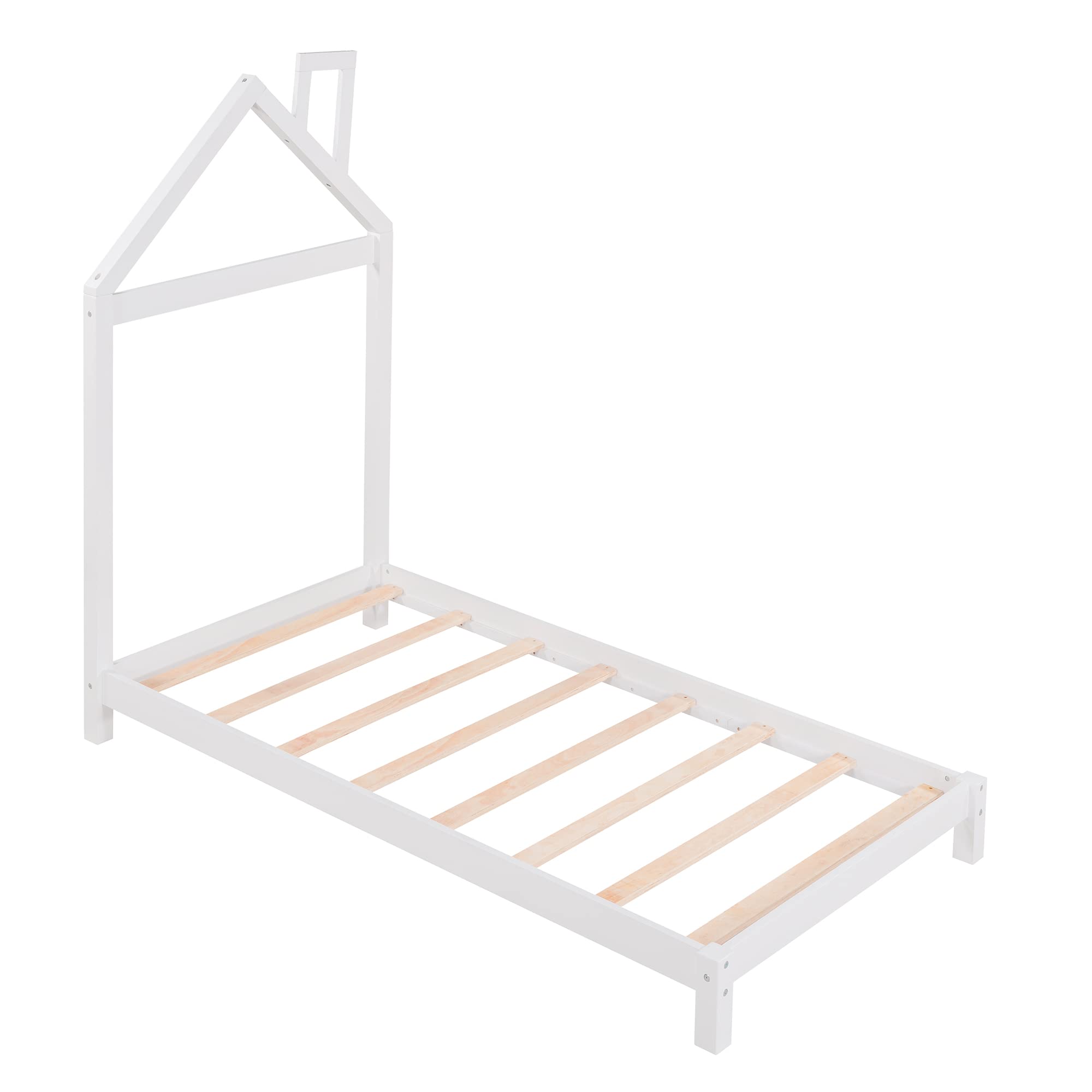 Twin Size Wood Platform Bed Frame with House Shaped Headboard - No Box Spring Needed, White - Perfect for Kids Rooms, Guest Bedrooms & Small Spaces
