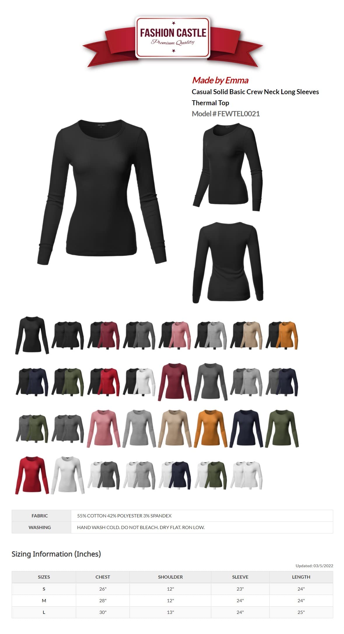 Emma Women's Casual Long Sleeve Thermal Shirt - Soft Solid Color Crewneck T-Shirt for Layering, Winter Warmth & Everyday Comfort