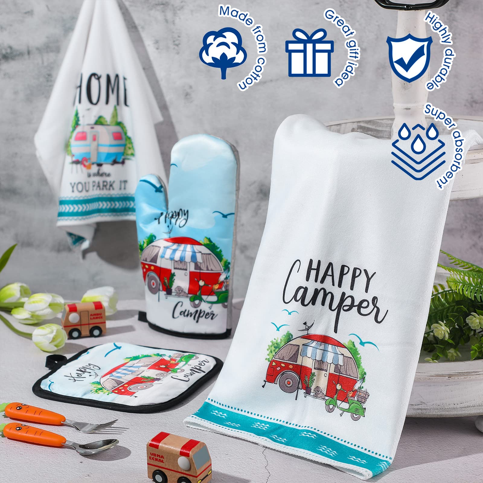 4-Piece Camping Dish Towels, Pot Holders & Oven Mitts Set - Soft, Absorbent RV Kitchen Towels for Camper, Dish Cloths & Hand Towels - Perfect for Outdoor Cooking, RV Trips & Picnics