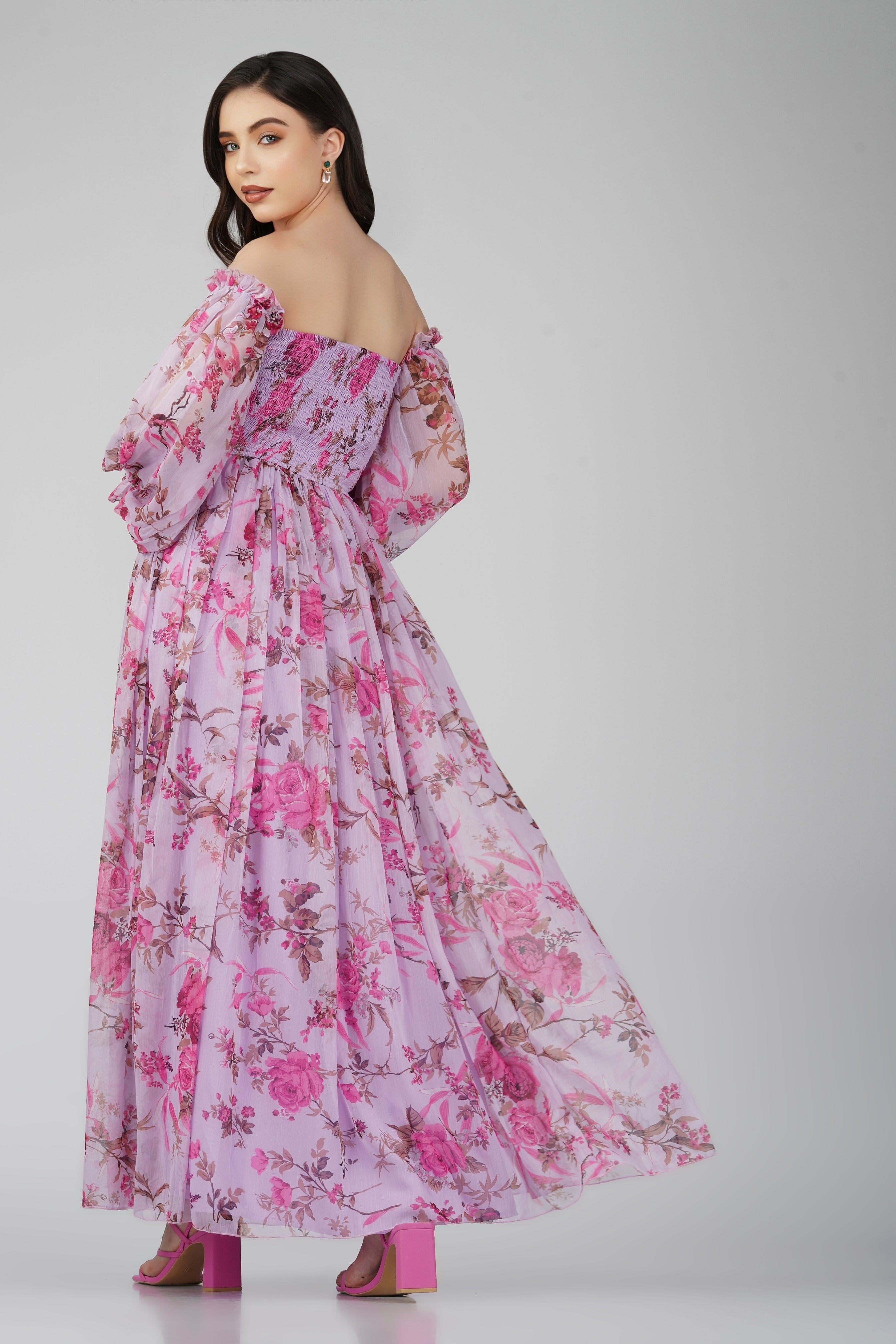 Lavender Lana Chiffon Printed Dress for Women - Floral Summer Maxi Dress with V-Neck & Flowy Skirt | Perfect for Beach Vacations, Weddings & Date Nights
