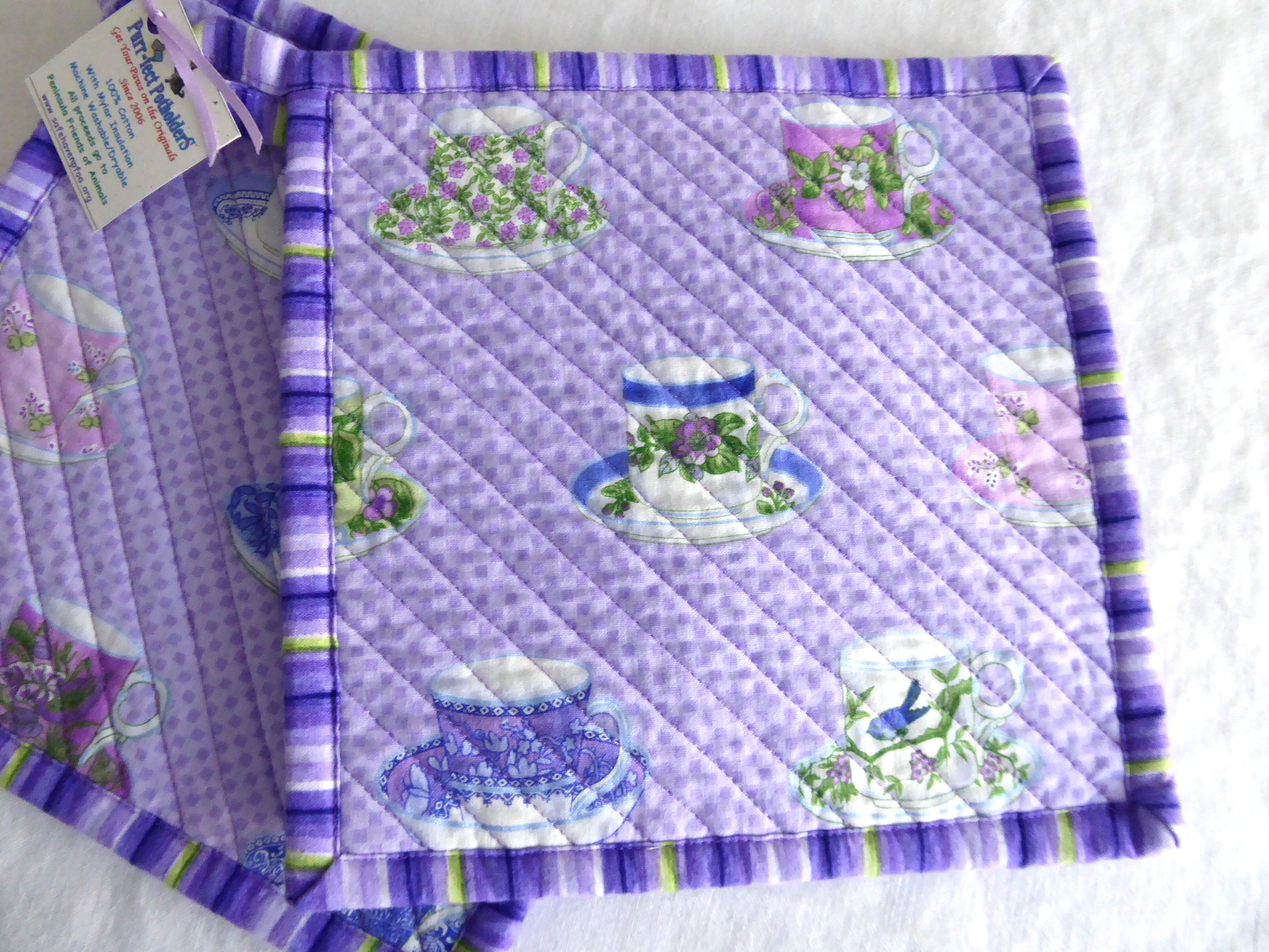 Handmade Purple and Pink Padded Potholders with Teacup Design - Pair for Kitchen & Baking - Supports Animal Charity | Perfect for Cooking, Baking, and Home Decor