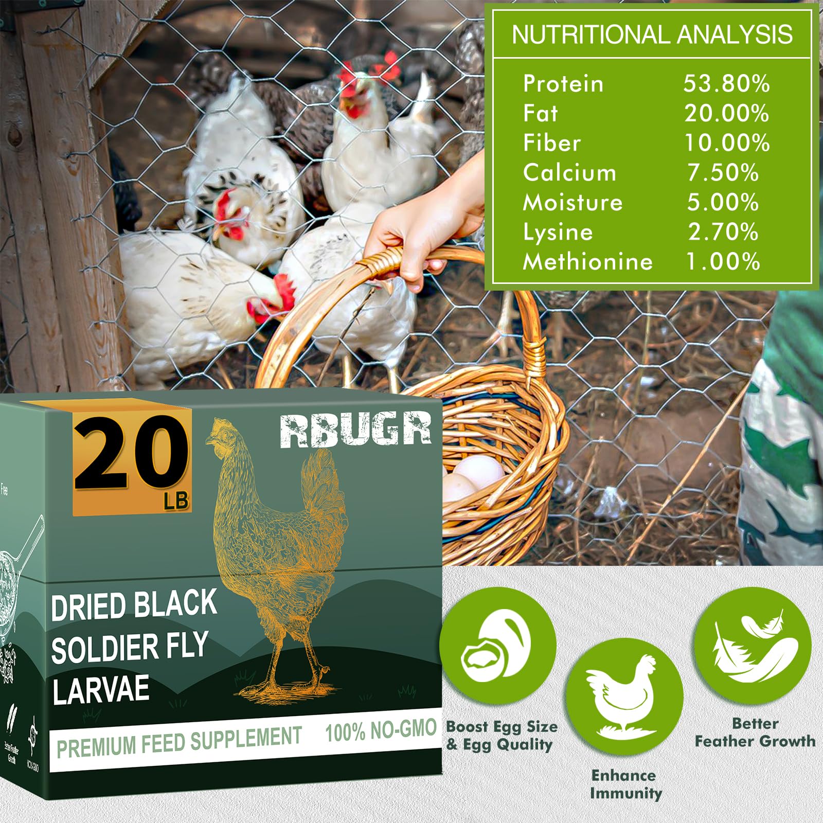 Organic Dried Black Soldier Fly Larvae Chicken Feed - 20lb High Protein & Calcium Chicken Food for Laying Hens | Better Nutrition Than Mealworms | Perfect for Backyard Chickens, Poultry Farms & Organic Egg Production