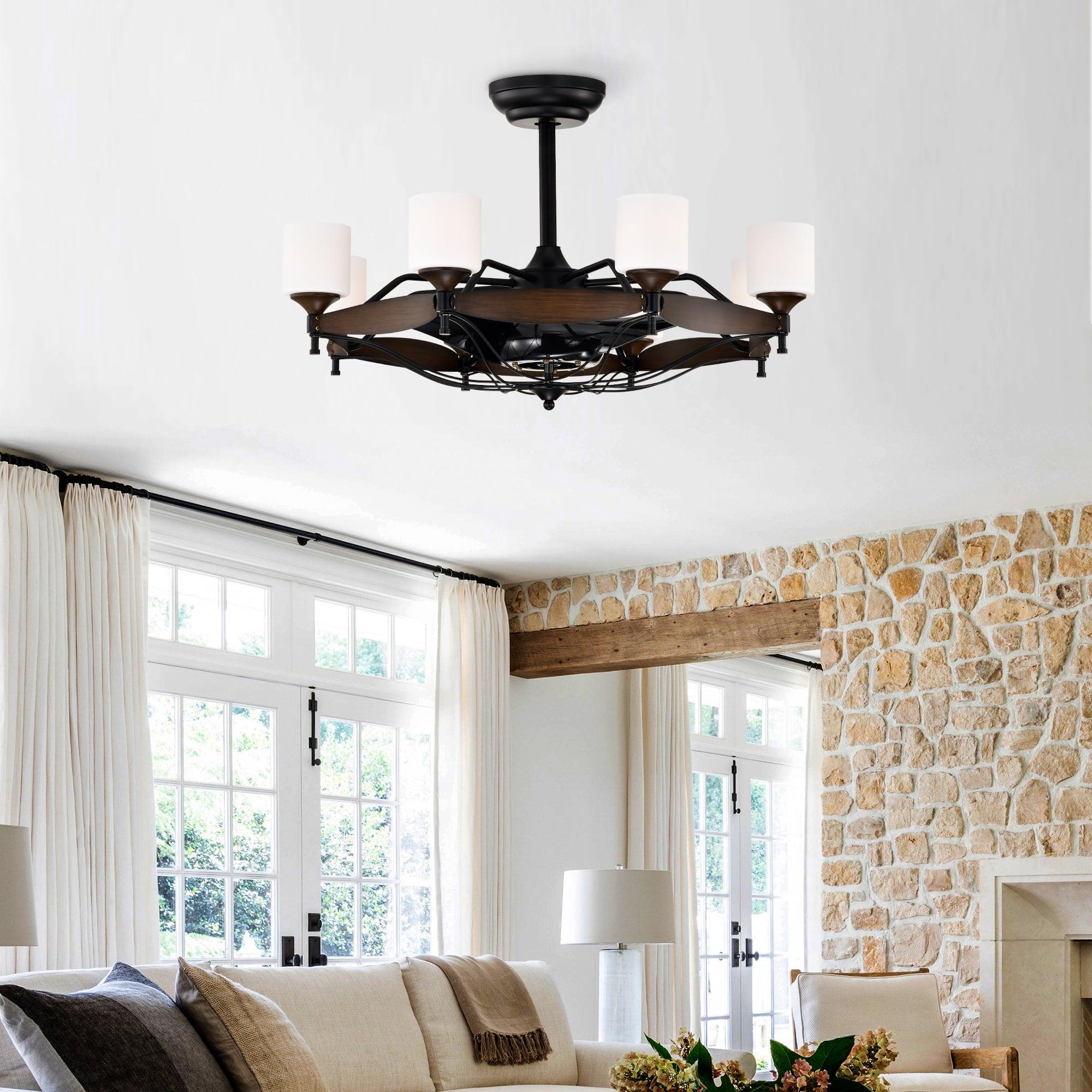 33 Inch Matte Black & Red Wood Grain Chandelier Ceiling Fan with Remote Control - DC Motor, 6 Speed Settings, 3 ABS Blades for Bedroom, Dining Room, Living Room, Kitchen, Farmhouse & Entryway | Perfect for Modern and Rustic Home Decor