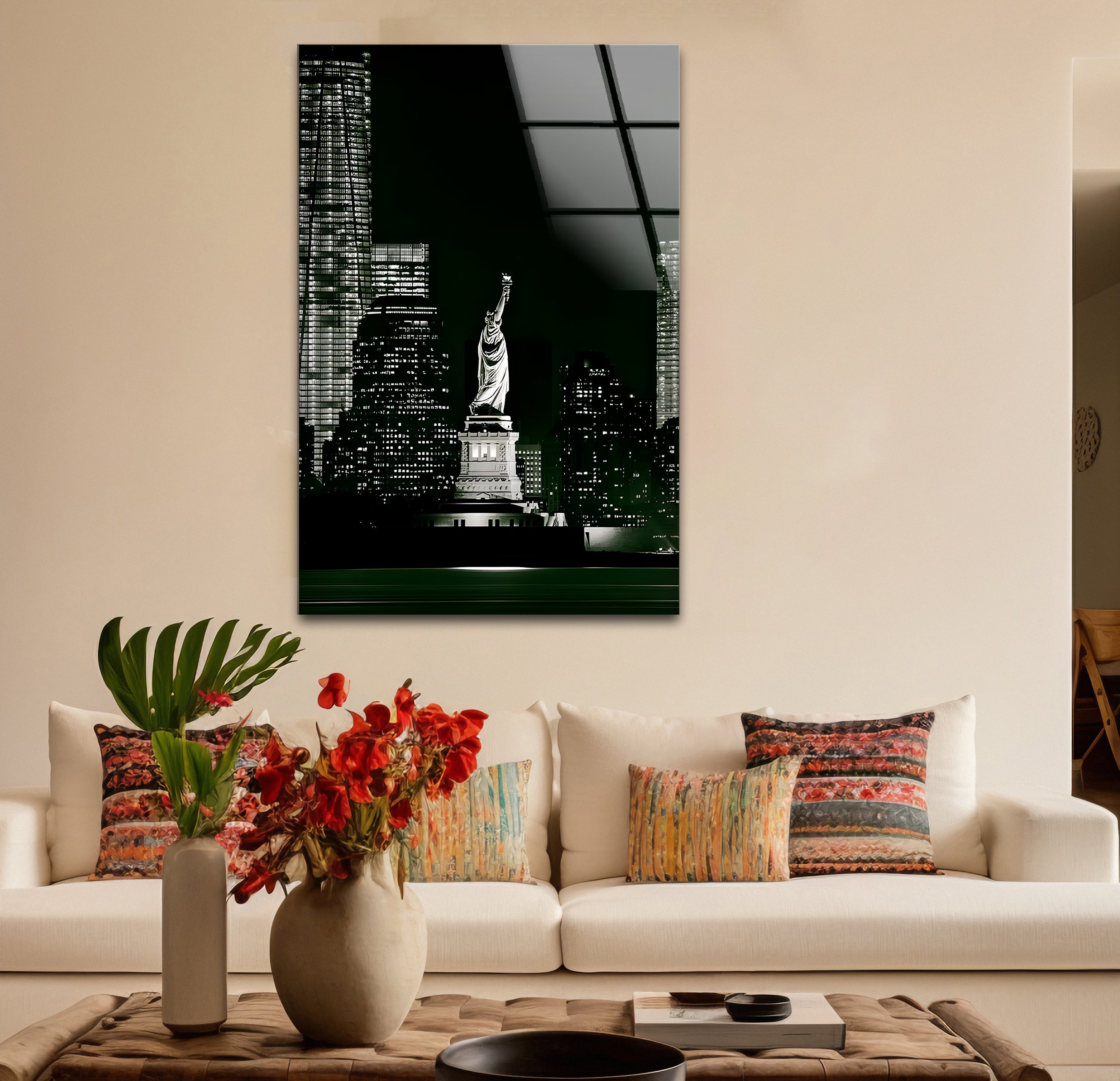 Black & White Statue of Liberty Glass Wall Art - Elegant Home Decor for Living Room, Office & Gifts - USA Patriotic Souvenir & New York Themed Interior Design