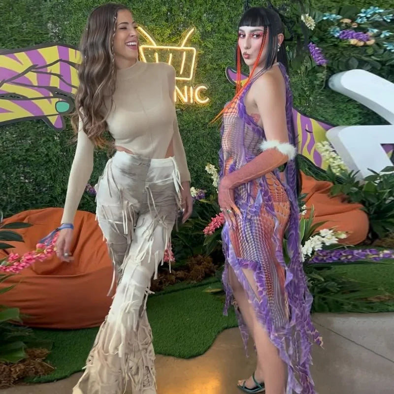 **Gtpdpllt Asymmetrical Fringed 3D Print Dress for Women - Sexy Summer Deep V Backless Short Dress for Rave, Festival & Night Out**    *(Perfect for beach parties, music festivals, club nights, and summer vacations!)*