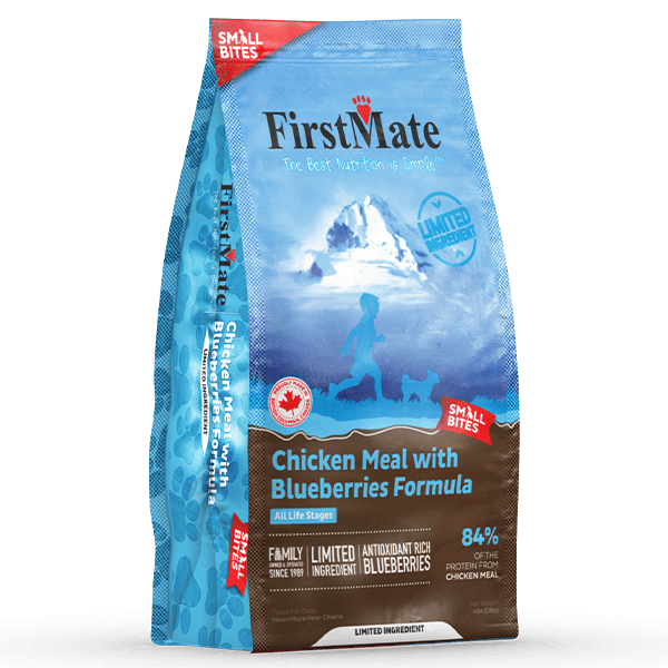 FirstMate LID Chicken Meal with Blueberries Formula Small Bites Dry Dog Food - 4lb Bag for Small Breed Dogs with Sensitive Stomachs | Perfect for Digestive Health & Skin Allergies | Ideal for Home Feeding & Travel Treats