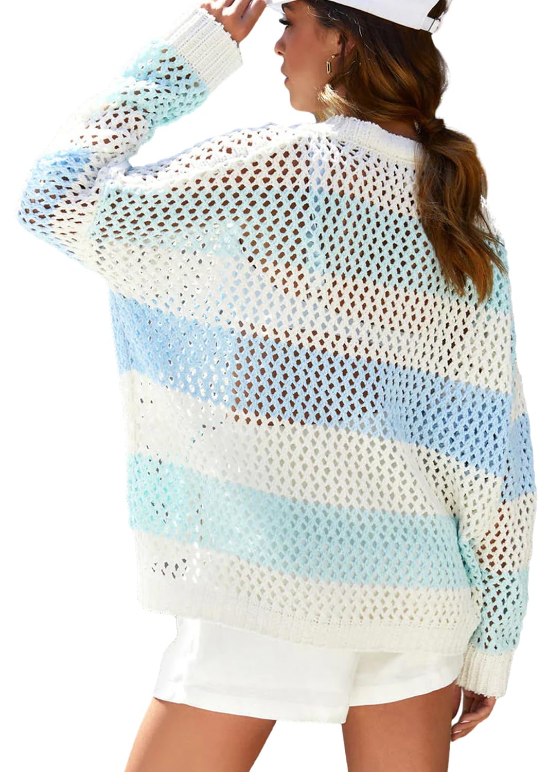 Women's Summer Crochet Sweater - Long Sleeve Crew Neck Beach Cover Up | Lightweight Swimsuit Cover for Pool, Vacation & Casual Outings
