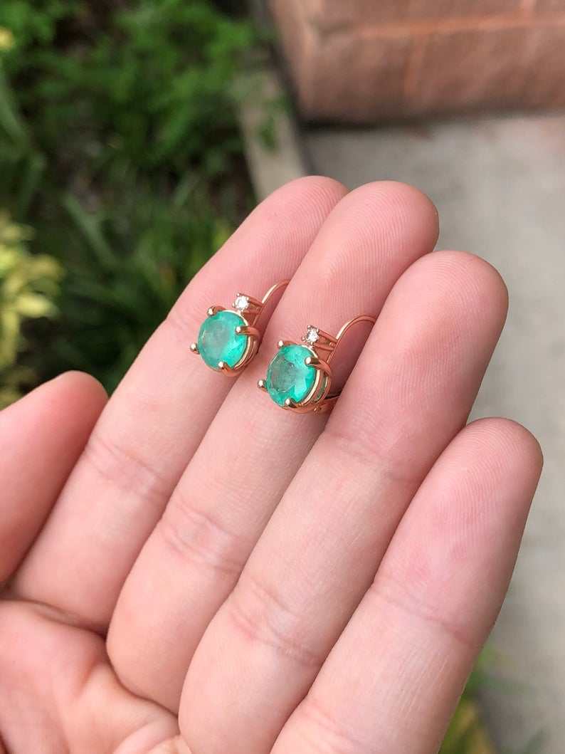 3.10tcw Round Colombian Emerald & Diamond Lever Back Earrings in 14K Gold - Elegant Jewelry for Weddings, Parties & Special Occasions