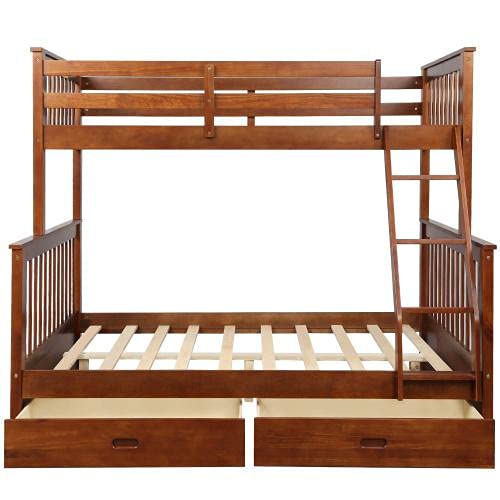 Twin Over Full Bunk Bed with Drawers & Ladder - Solid Wood Bunk Bed with Full-Length Safety Guardrail - No Box Spring Required - Walnut Finish - Perfect for Kids' Bedroom, Guest Room & Space-Saving Solutions