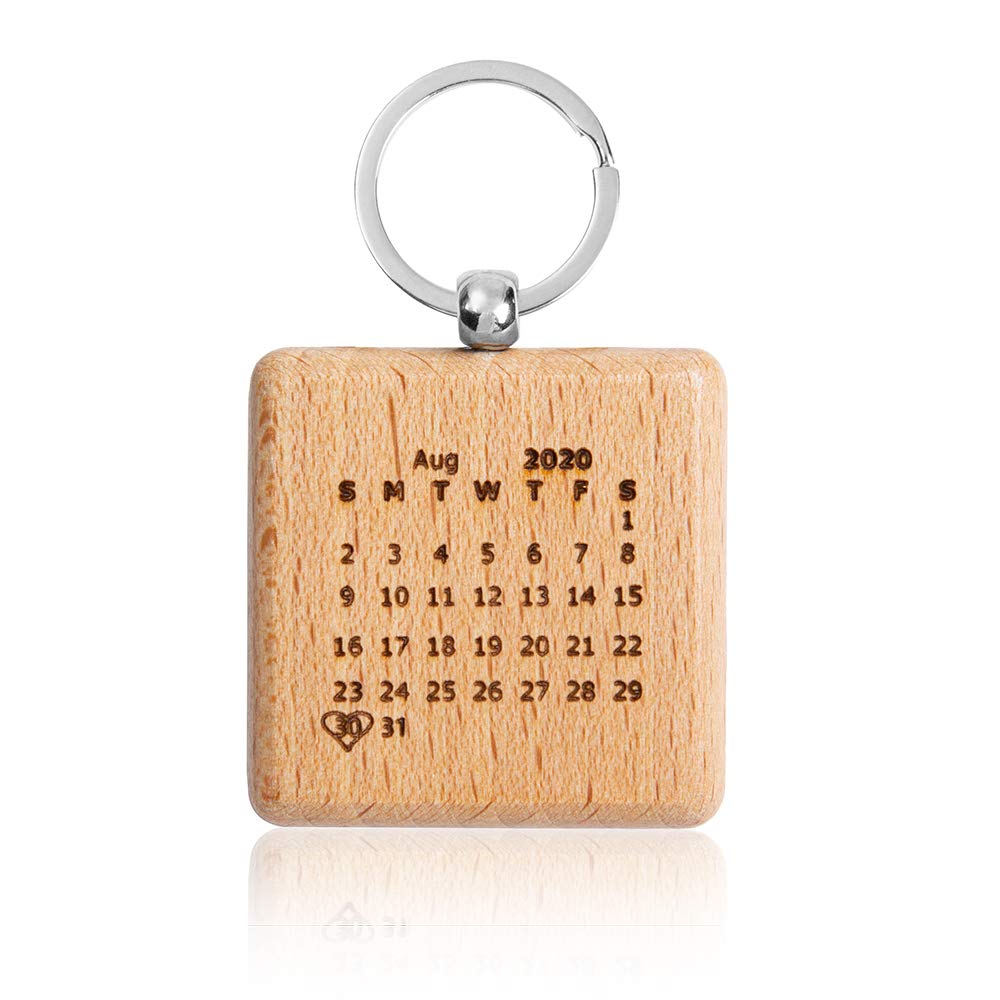 Custom Engraved Wooden Keychain with Calendar - Personalized Dog Tag Keyring for Gifts, Anniversary, and Everyday Use
