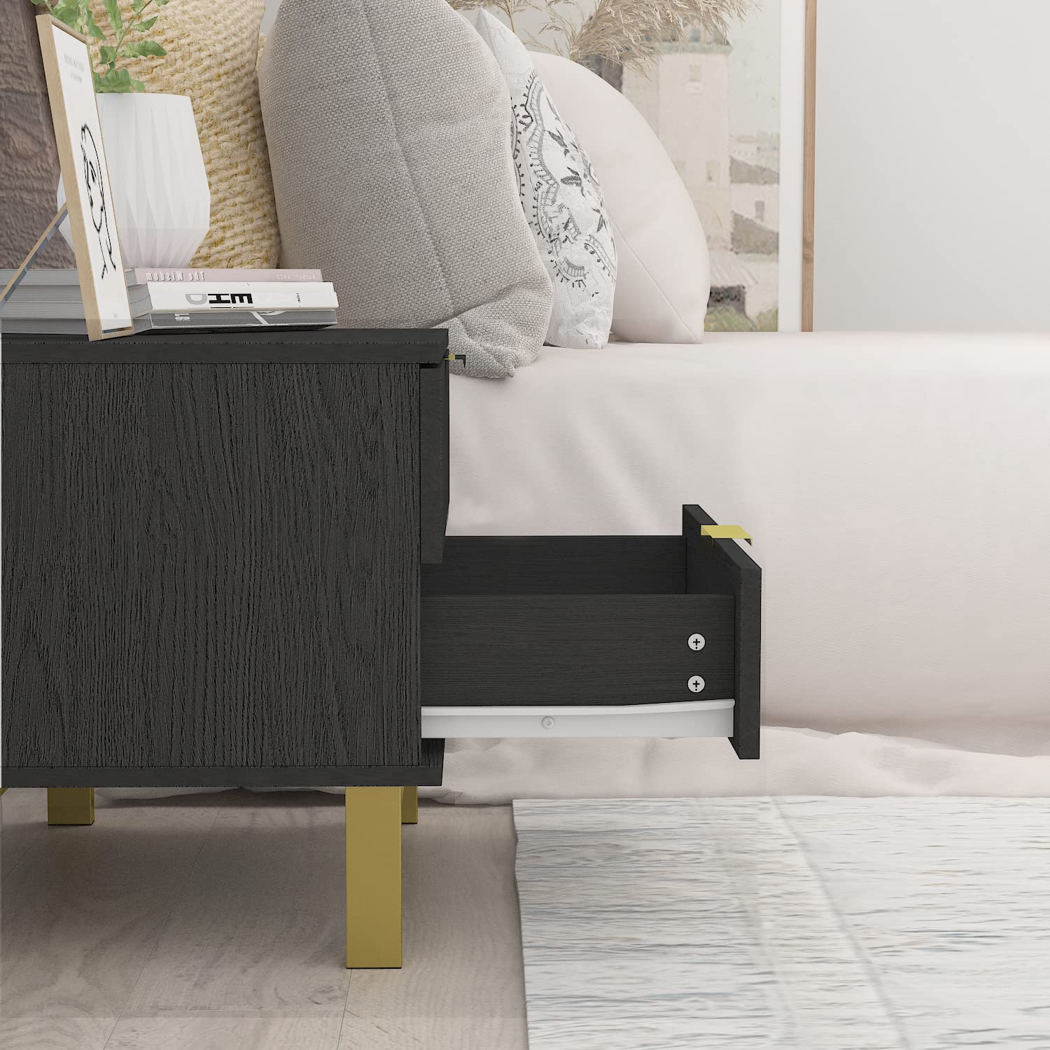 Hitow 2-Drawer Black Nightstand with Golden Metal Legs - Modern Bedside Table & End Table for Bedroom, Living Room - Compact Storage Solution (Set of 2, 19.7