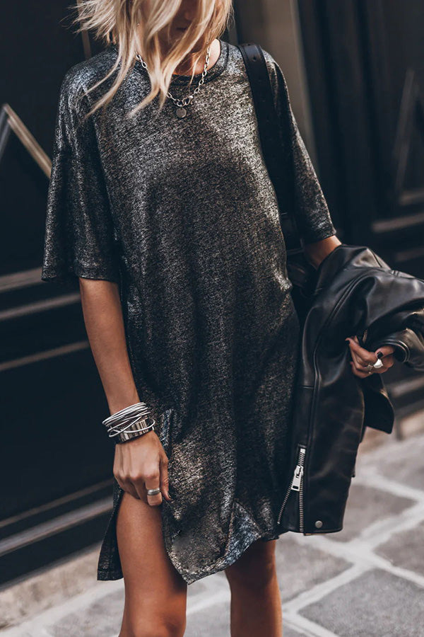 Dark Sparkly Relaxed Slit T-Shirt Mini Dress for Women | Party, Club & Night Out Outfits