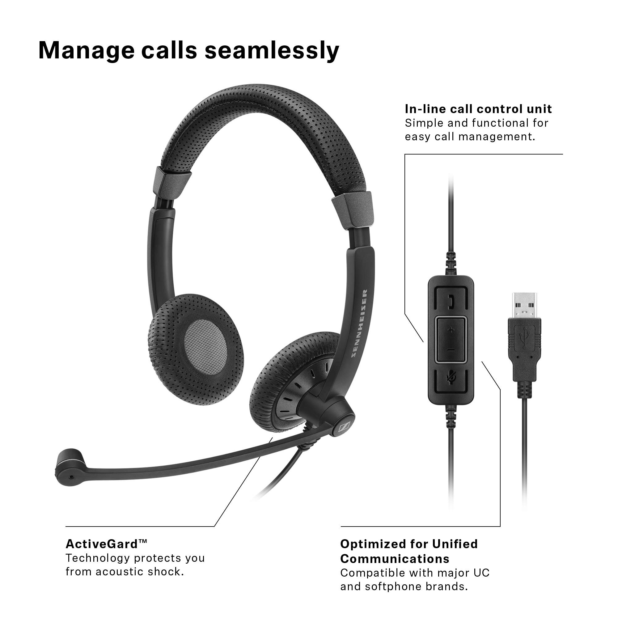 Sennheiser SC 70 USB CTRL (506504) Business Headset - Dual-Sided HD Sound with Noise Cancelling Mic & USB Connector for Unified Communications | Perfect for Call Centers, Remote Work & Video Conferencing (Black)