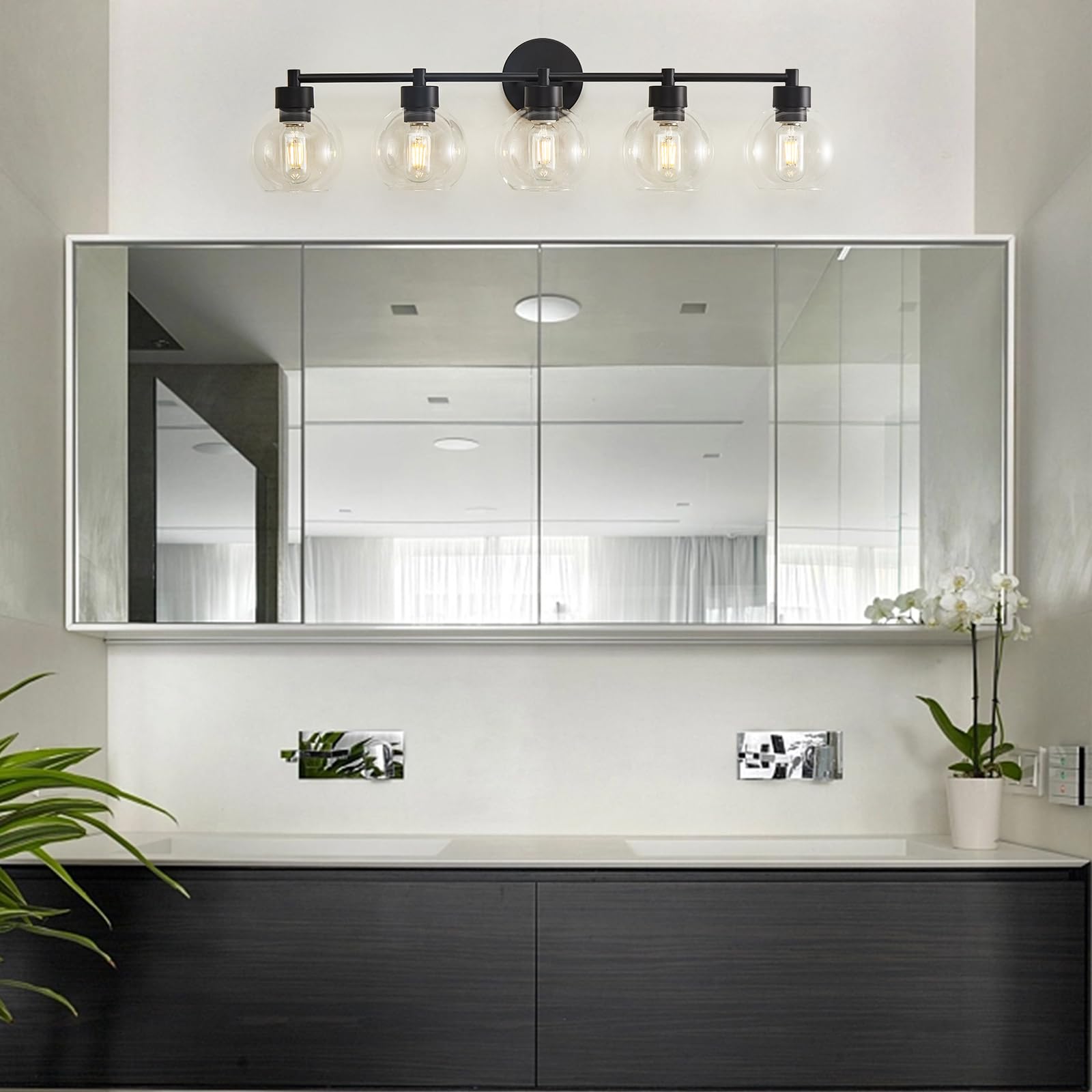 Matte Black 5-Light Bathroom Vanity Light with Globe Glass Shade & Metal Base - Modern Lighting Fixture for Bathroom Mirror, Stairs, Kitchen, Hallway, and Entryway