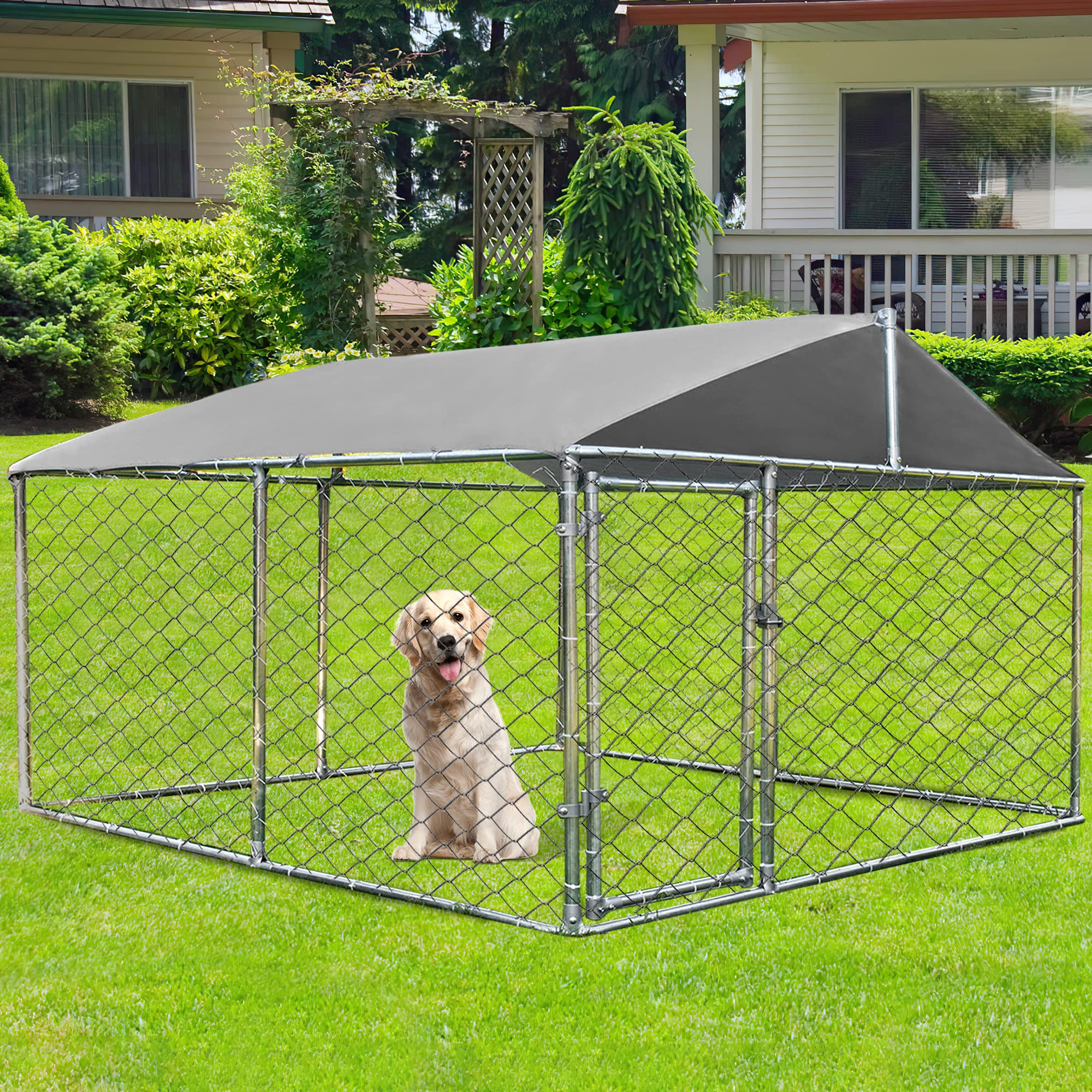 **Heavy Duty Outdoor Large Dog Kennel - Waterproof Metal Dog House with Cover, Pet Playpen & Fence for Backyard, Garden, Camping & Travel**