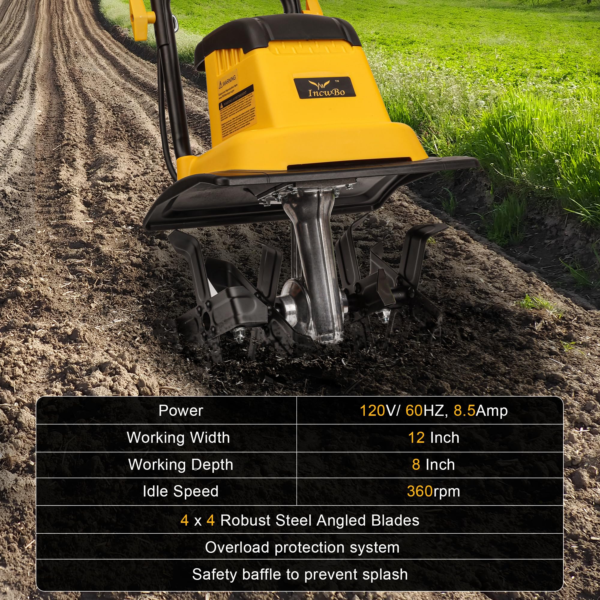 8.5AMP 12-Inch Electric Garden Tiller Cultivator - 360 RPM Corded Rototiller with 8-Inch Tilling Depth & LT-201D Socket for Soil Cultivation, Weeding & Landscaping | Perfect for Home Gardens, Flower Beds & Vegetable Patches