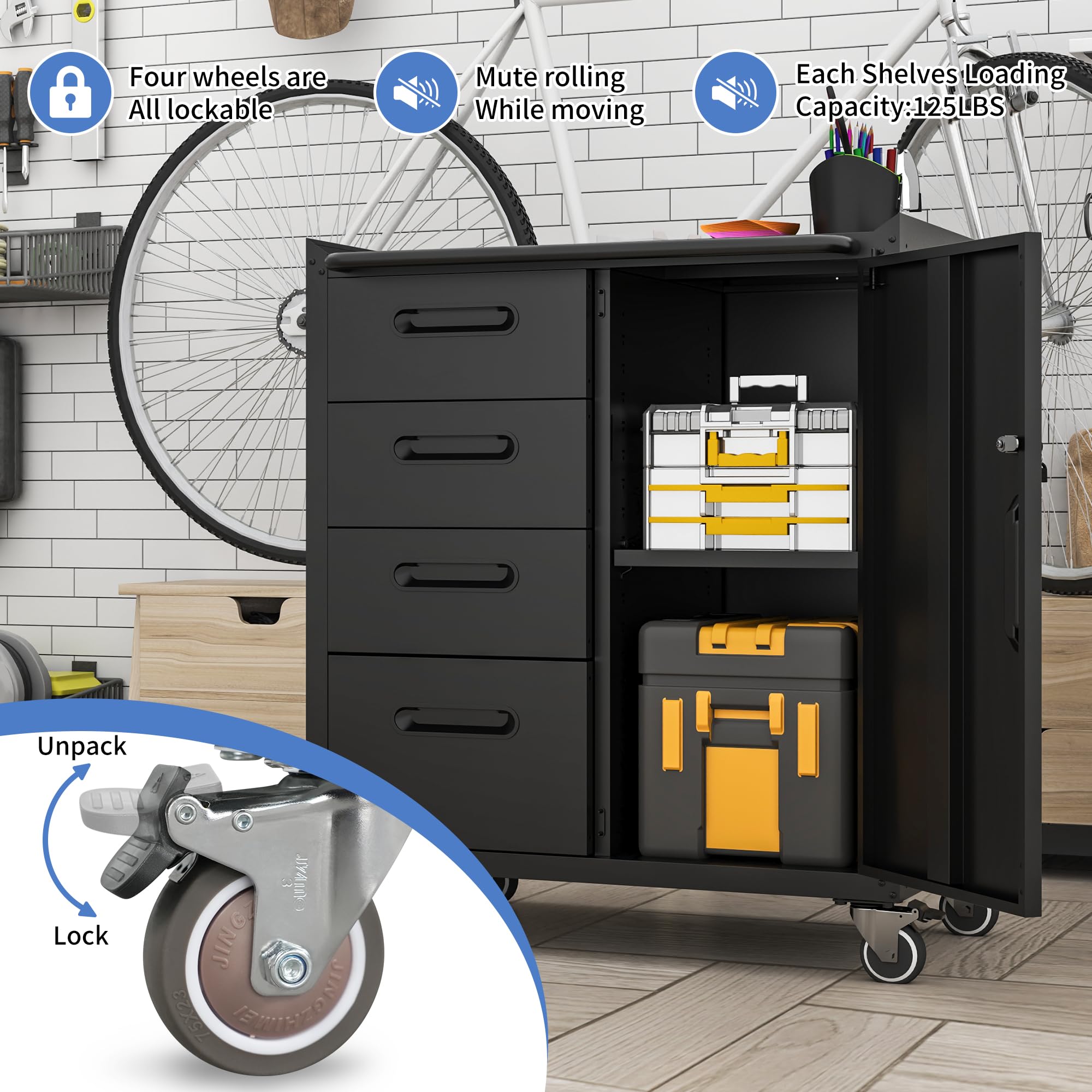 Heavy-Duty Metal Tool Cabinet for Garage with Wheels - 4 Drawer & 1 Door Mobile Storage Cabinet - Rolling Tool Chest Organizer (Black, Assembly Required) - Perfect for Workshop, Auto Repair & Home Garage Organization