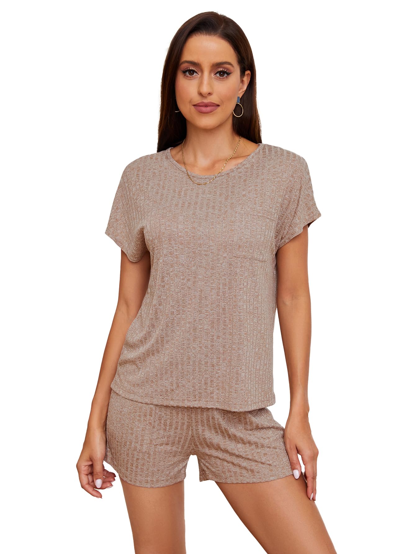 WDIRARA Women's 2 Piece Ribbed Knit Outfit - Matching T-Shirt & Shorts Set for Lounge, Sleepwear & Casual Wear | Soft Stretchy Comfort Outfits for Home, Travel & Relaxation