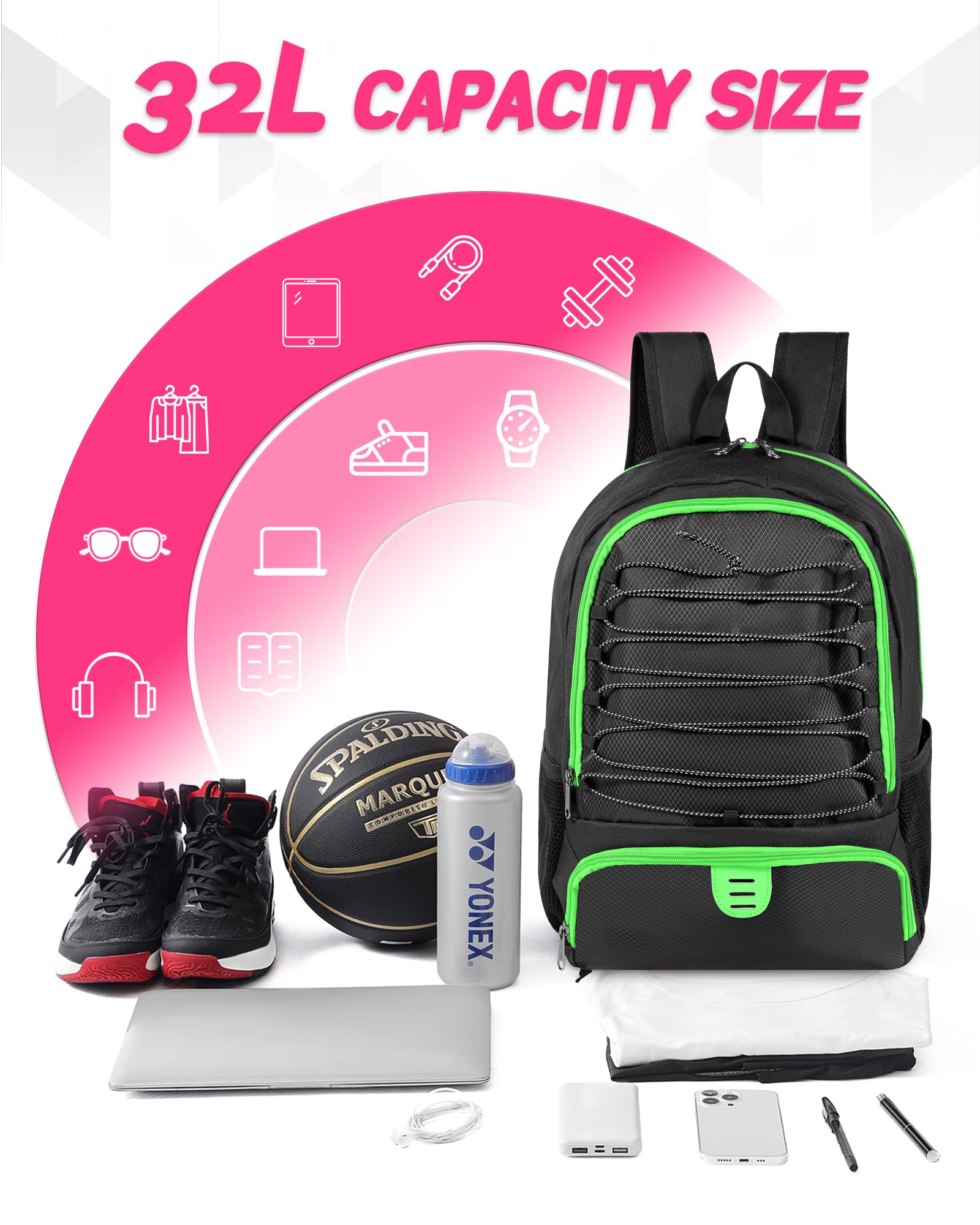 30L Lightweight Breathable Basketball Backpack for Men & Women - Sports Bag with Shoe & Ball Compartment - Perfect for Soccer, Volleyball, Football, Gym, School & Travel