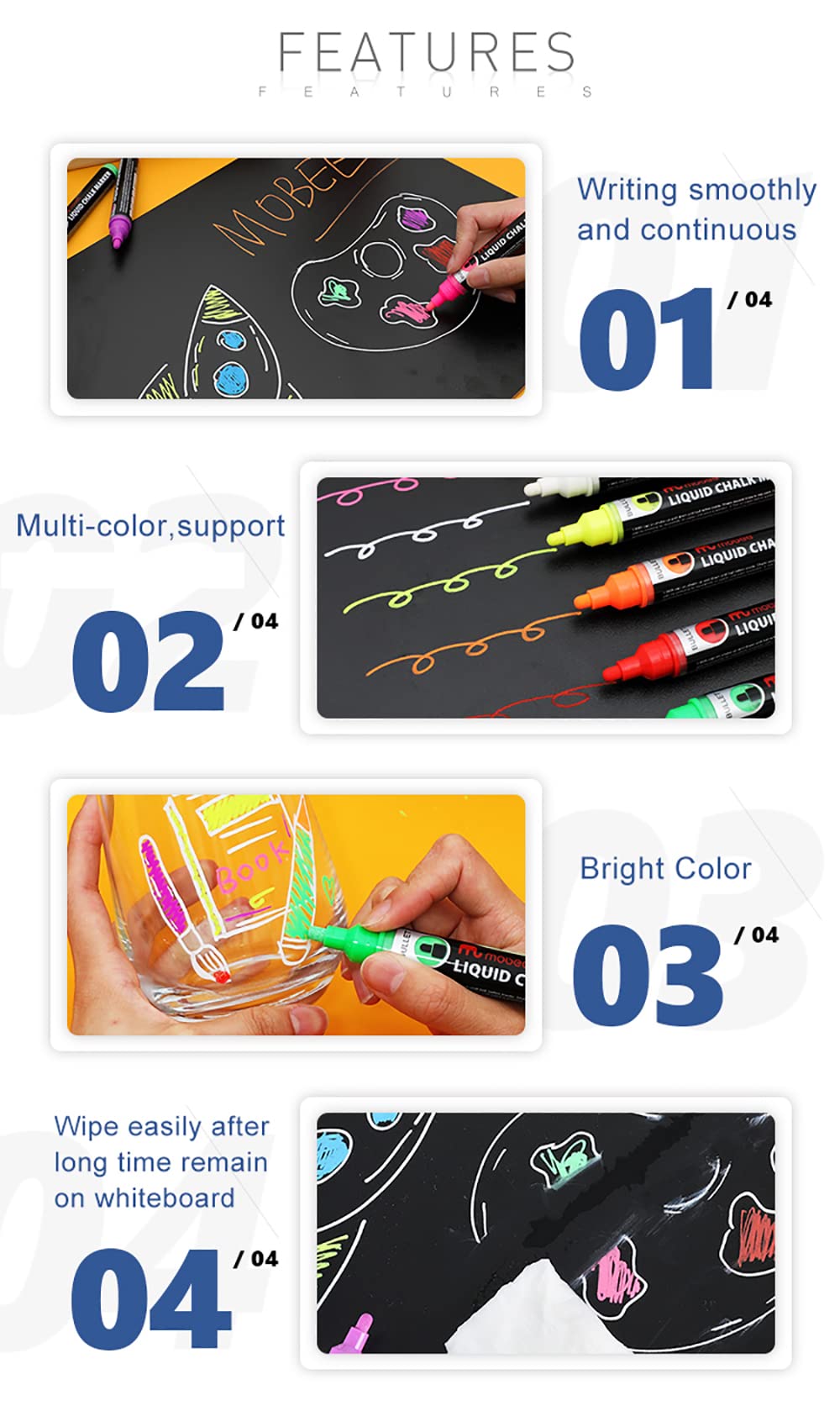Mobee Liquid Chalk Markers - 8 Pack Reversible Tip Non-Porous Chalkboard Markers for Blackboard, Glass, Windows & Mirrors - Fine Point for Art, Signage & DIY Projects