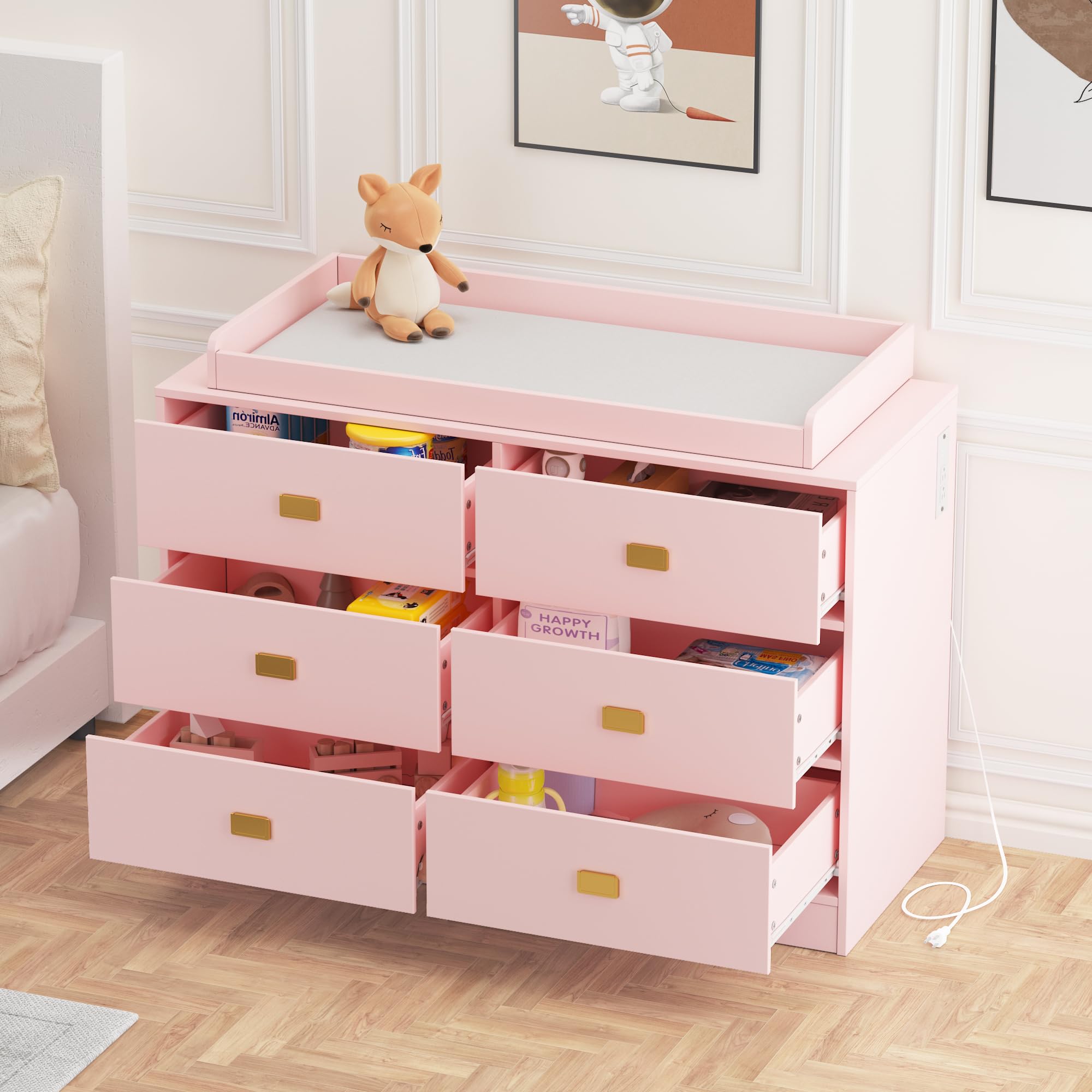 6-Drawer Nursery Dresser with Changing Table Top - Pink Baby Storage Organizer with Power Outlets & Removable Top | Perfect for Infant Bedrooms & Nursery Organization