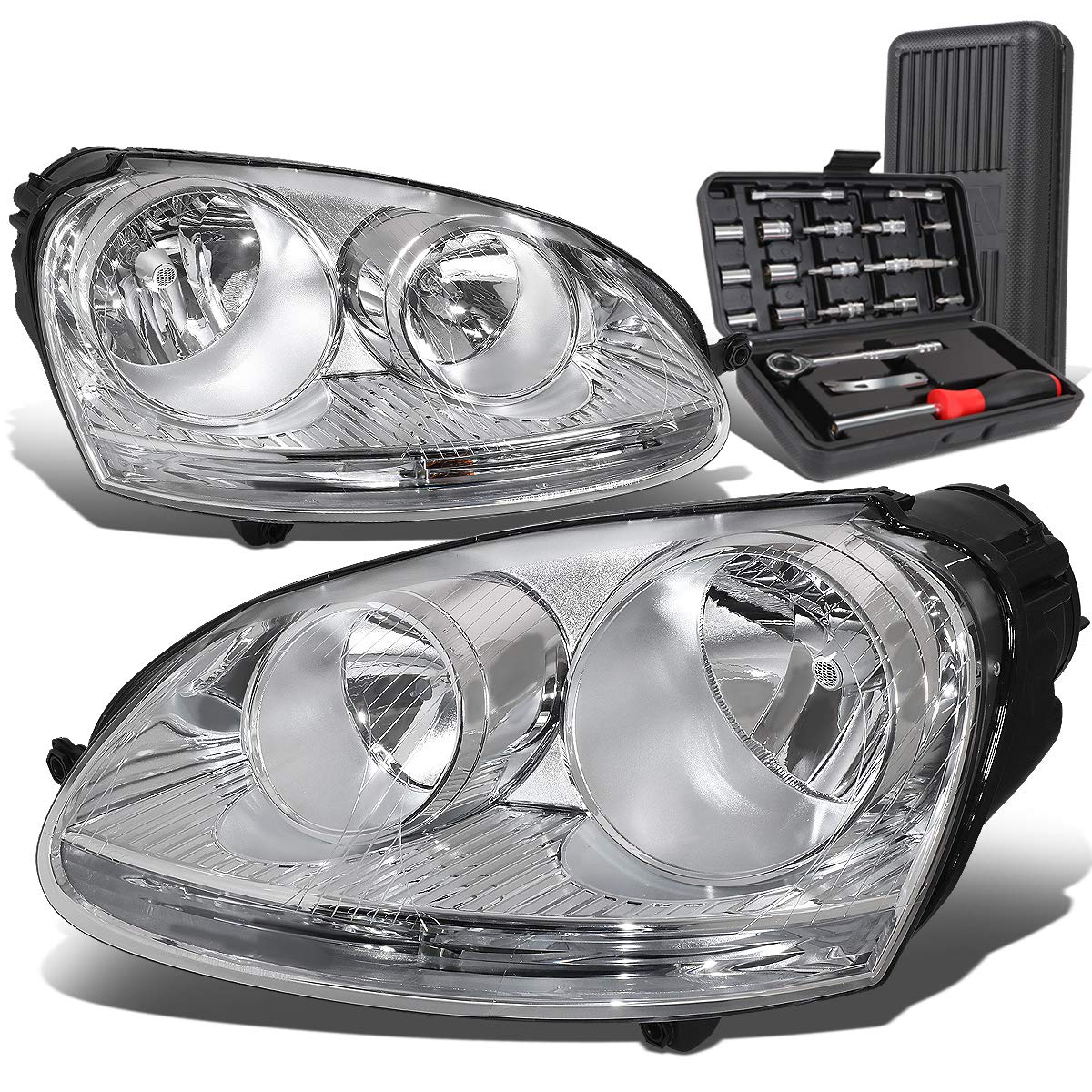 Auto Dynasty Chrome Housing Headlight Lamps + Tool Kit Compatible with VW Jetta Rabbit 2005-2010 - Upgrade Your Car Lighting for Night Driving & Enhanced Style