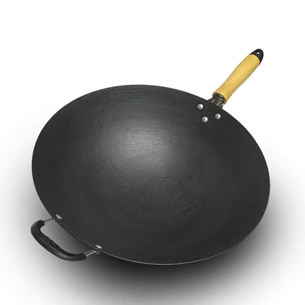 KMTCG 34cm Cast Iron Wok Pan - Uncoated Classic Chinese Stir Fry Skillet for Home Cooking | Perfect for Stir-Frying, Deep Frying & Sautéing