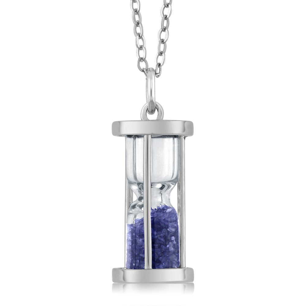 Diamond & Blue Gemstone Birthstone Dust Hourglass Pendant Necklace with 18