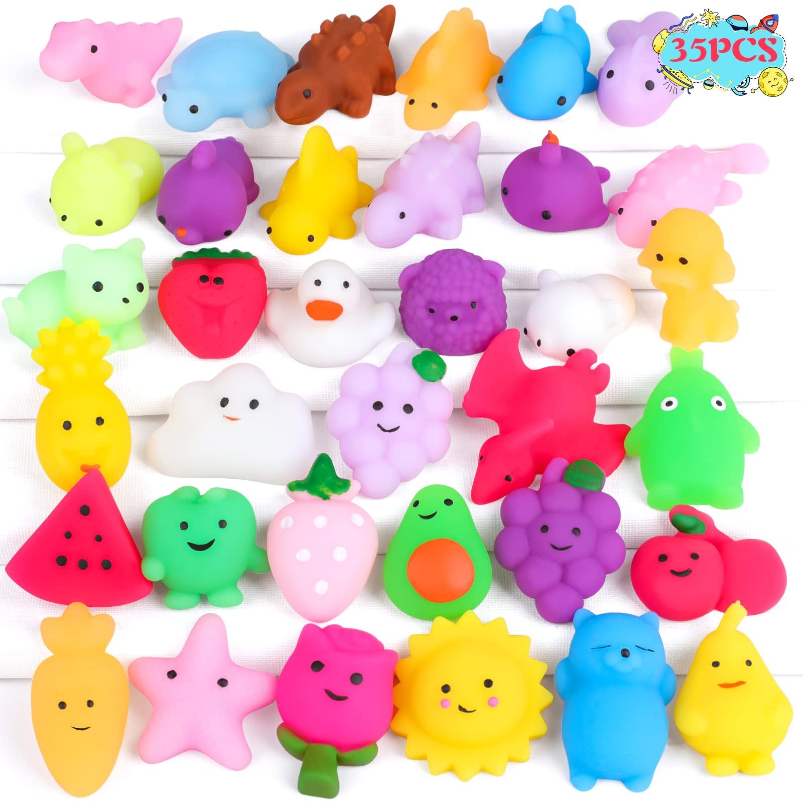 VESPRO 35PCS Mochi Squishy Toys for Kids & Adults - Stress Relief & Party Favors for Home & School