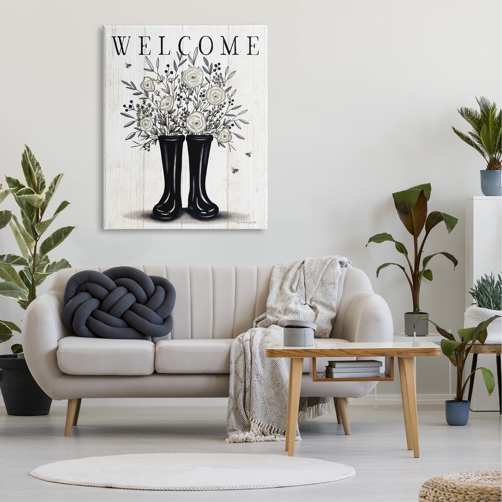 Stupell Industries Welcome White Roses Gardening Boots - Outdoor Insect Sign by Elizabeth Tyndall | Perfect for Garden Decor, Front Porch Welcome Sign & Country Home Decor