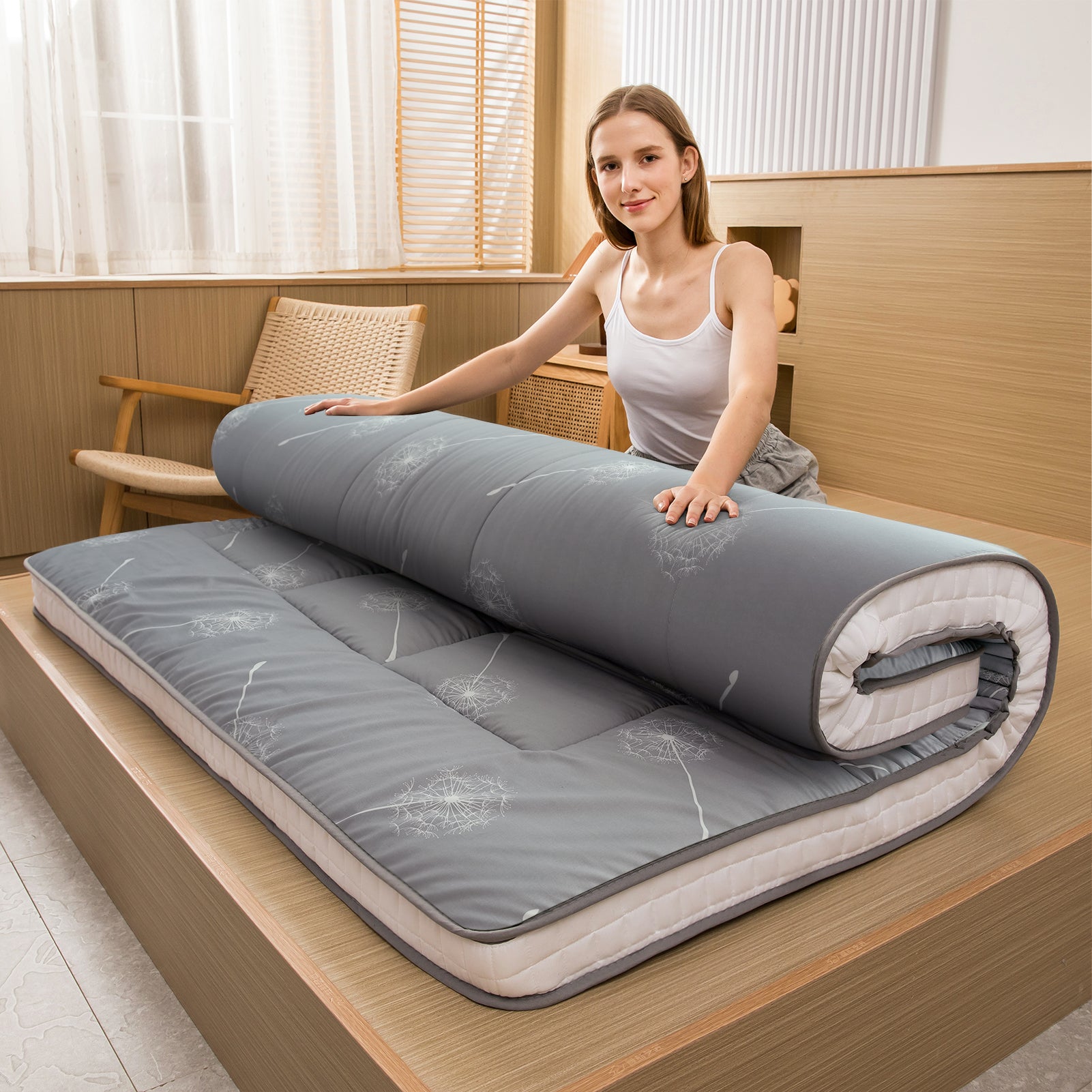 MAXYOYO Japanese Floor Futon Mattress - Grey Dandelion Pattern, Foldable Sleeping Mat for Guest Bed, Meditation & Small Space Living