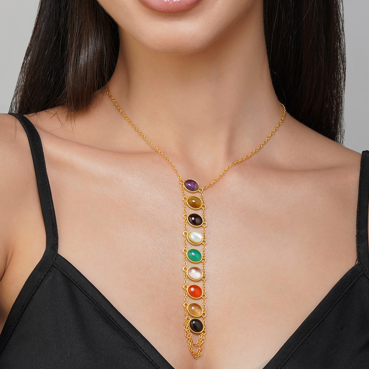 Navratan Lariat Necklace with Genuine Gemstones - Elegant Layered Statement Jewelry for Women | Perfect for Weddings, Parties & Special Occasions