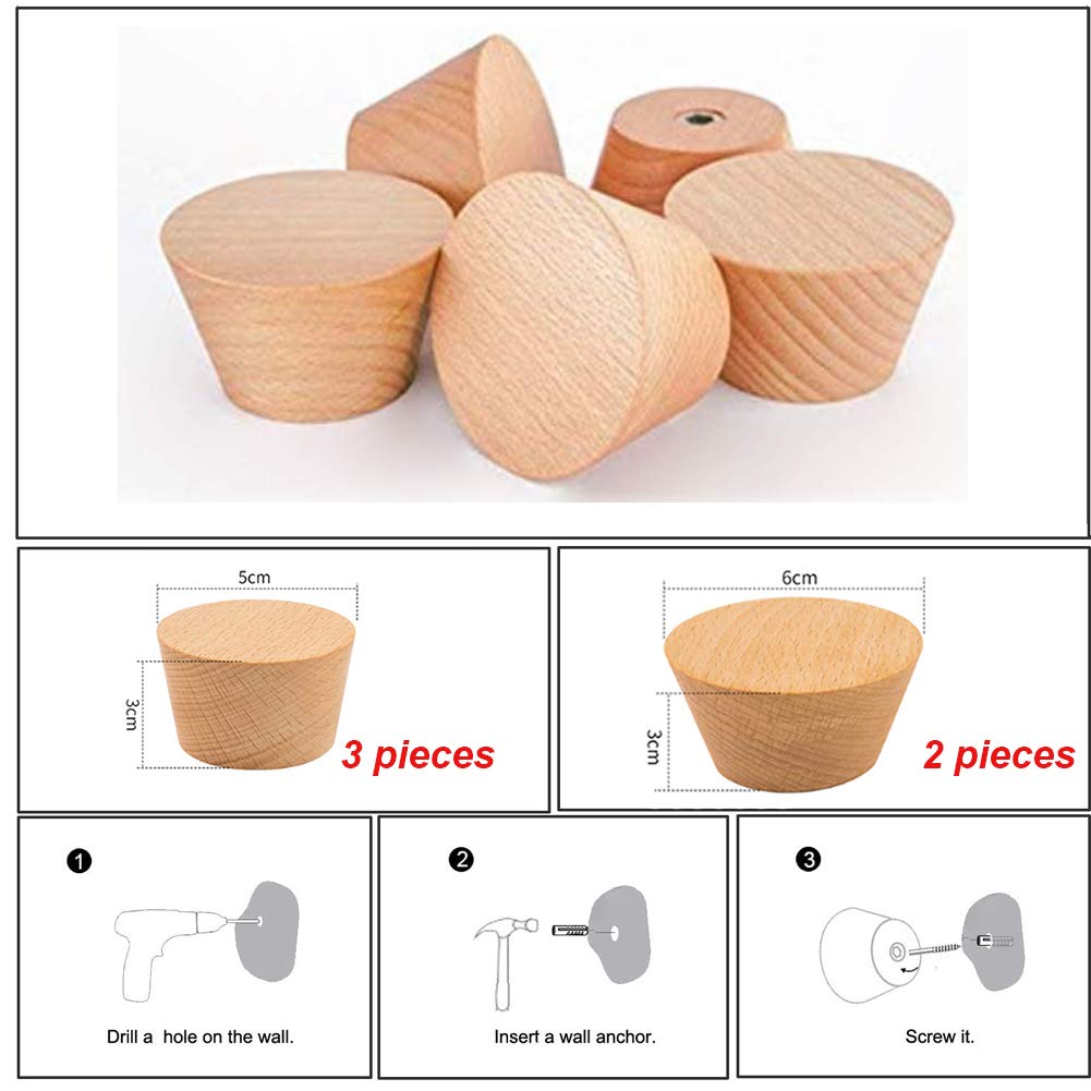 Natural Wooden Coat Hooks - 5 Pack Round Wall Mounted Hangers for Clothes, Scarves, Hats & Bags (2 Large + 3 Small) - Space Saving Entryway, Bedroom & Bathroom Organization & Decoration