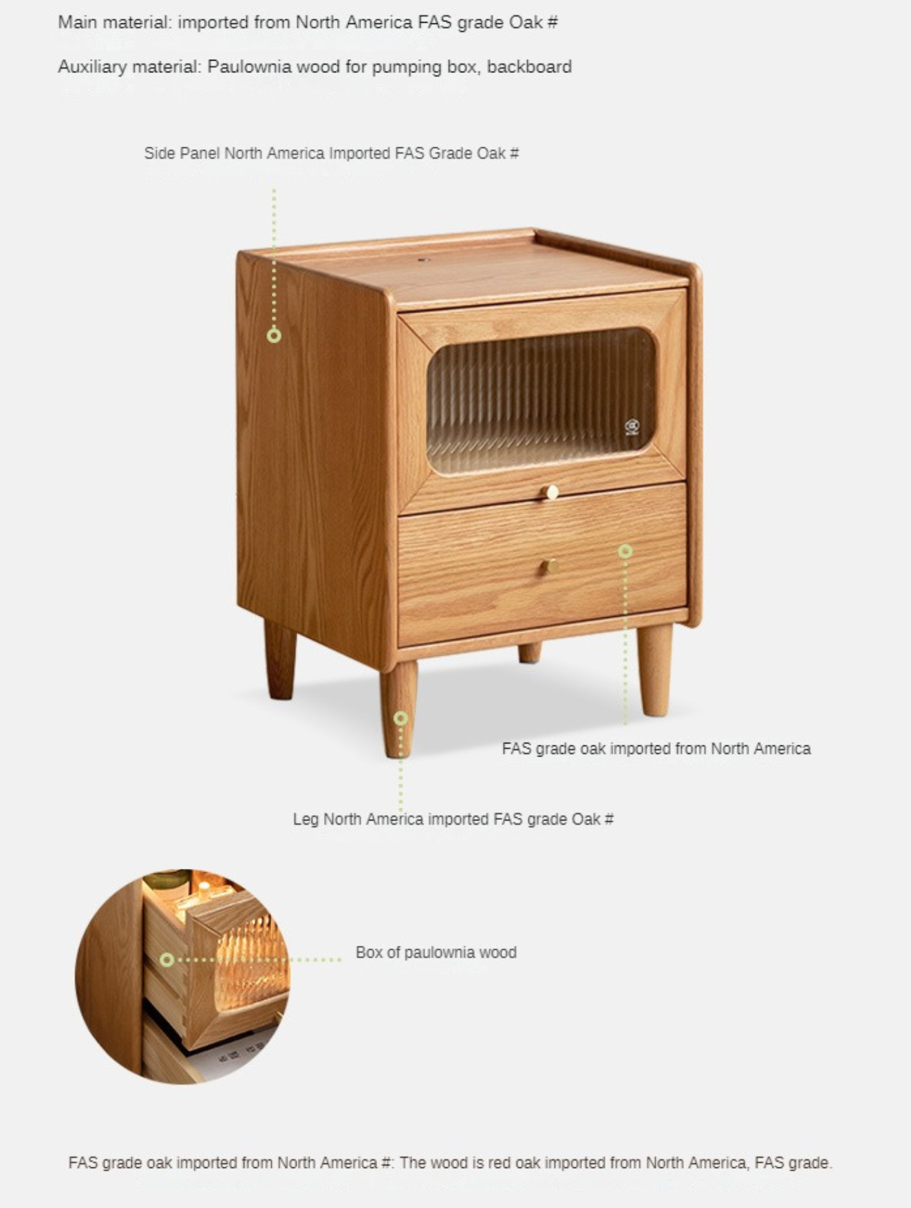 Solid Oak Wood Nightstand with Built-in LED Light - Modern Bedside Table for Bedroom, Living Room, or Office