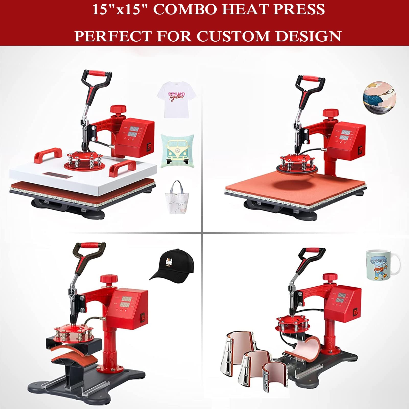 15x15 Inch 8-in-1 Digital Heat Press Machine with 360° Swing Away - Multi-Function Sublimation Combo for T-Shirts, Mugs, Hats, Plates & Bottles | Perfect for DIY Crafts, Custom Apparel & Small Business Printing