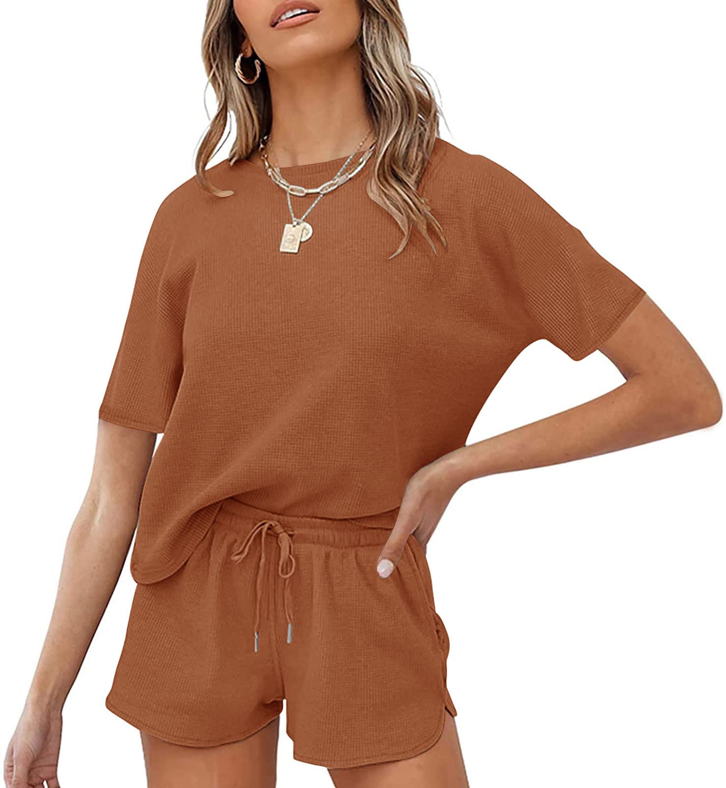 MEROKEETY Women's Short Sleeve Waffle Pajama Set - Soft Lounge Top & Comfy Shorts 2-Piece Sleepwear Outfit for Women | Perfect for Sleep, Relaxing at Home & Vacation