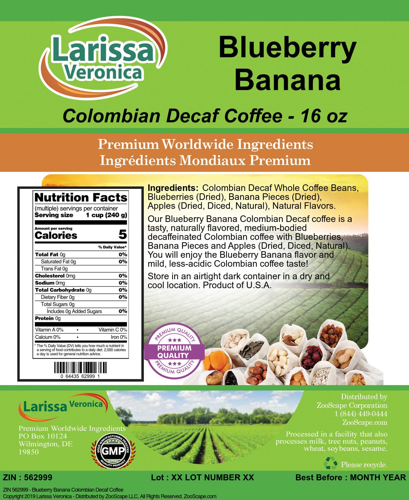 Premium Colombian Decaf Coffee - Blueberry Banana Flavored, Gourmet Whole Coffee Beans, 16 oz (3 Pack) | Perfect for Breakfast, Office & Relaxing Moments