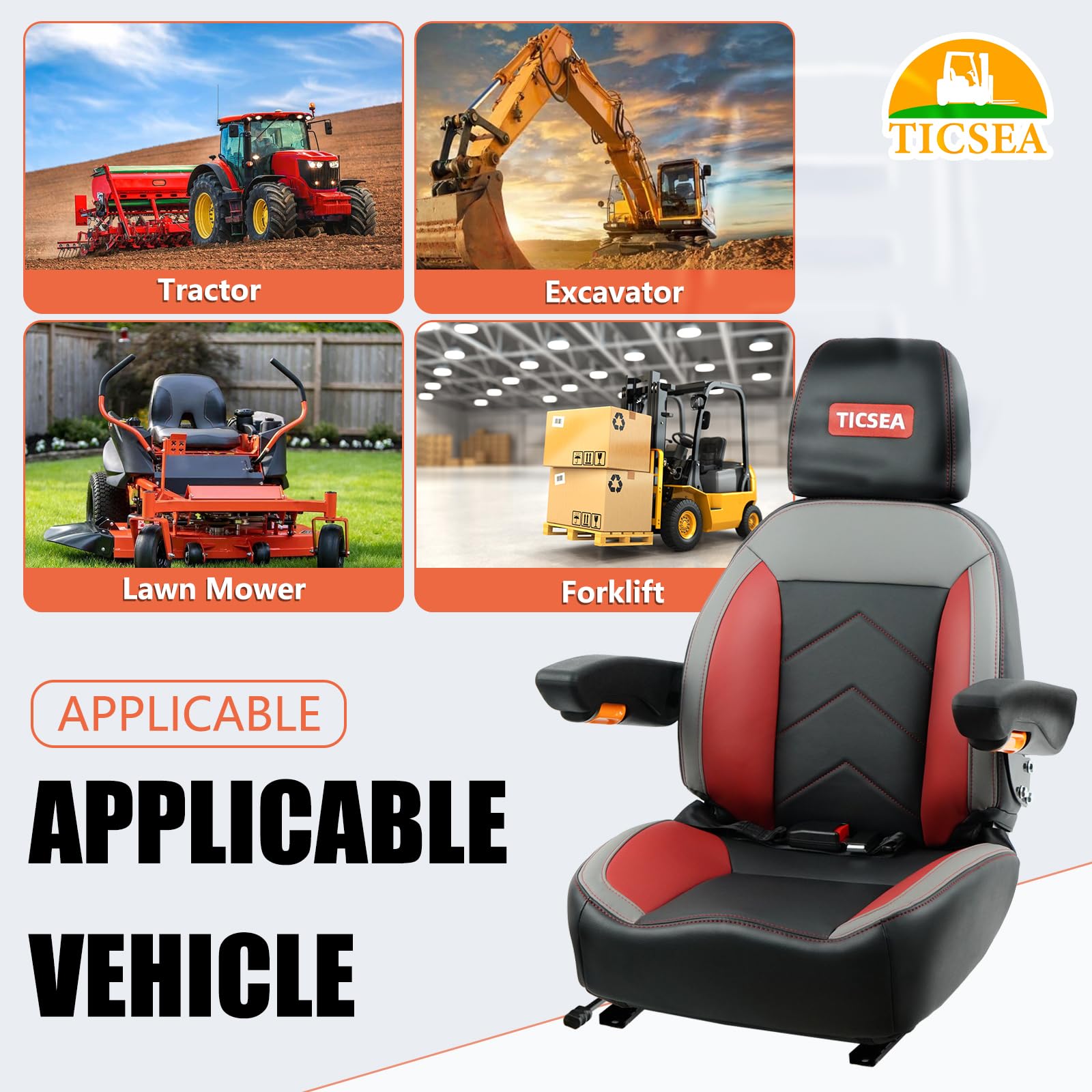Universal Forklift Seat - Heavy Duty Tractor Seat with Retractable Seatbelt, Adjustable Backrest, Headrest & Armrests (Black-Red) - Perfect for Forklifts, Tractors, Construction Equipment & Agricultural Machinery