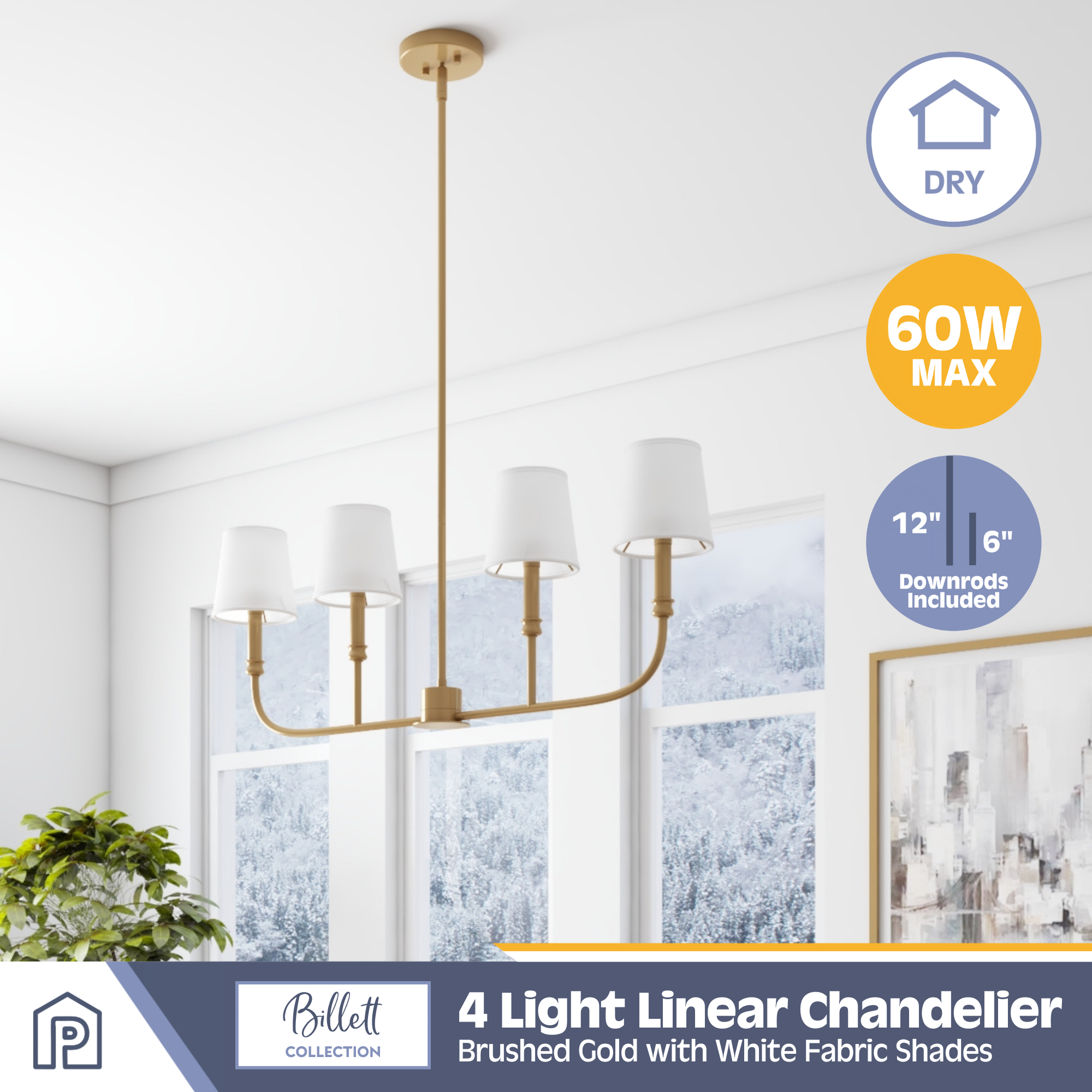 4-Light Billet Linear Chandelier with Brushed Gold Finish & Fabric Shades - Modern Dining Room Pendant Lighting for Kitchen Island, Bedroom or Entryway