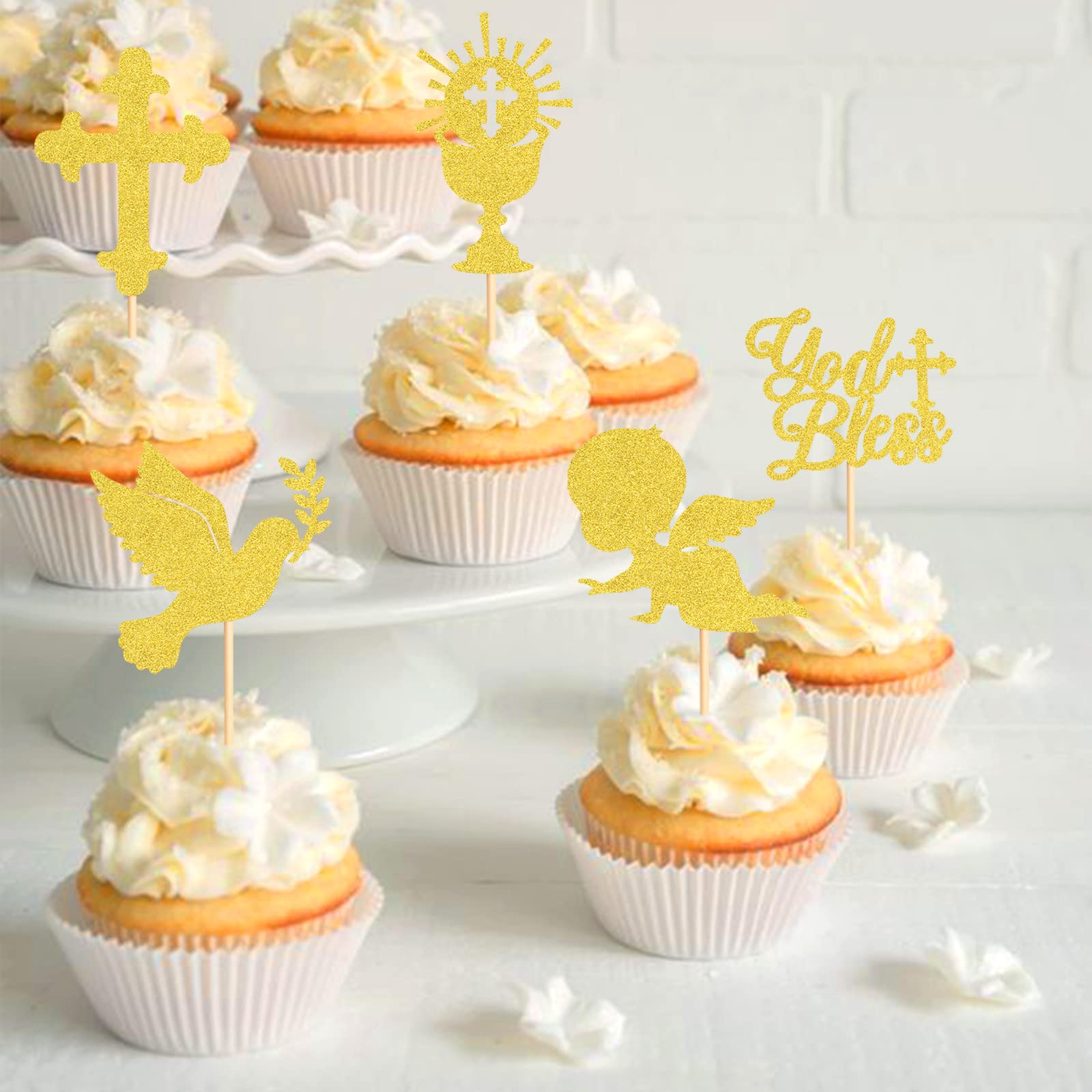 35 Pack Gold Cross Cupcake Toppers - God Bless Baptism & Baby Shower Party Decorations - Perfect for Christening, First Communion, Religious Celebrations & Christian Events