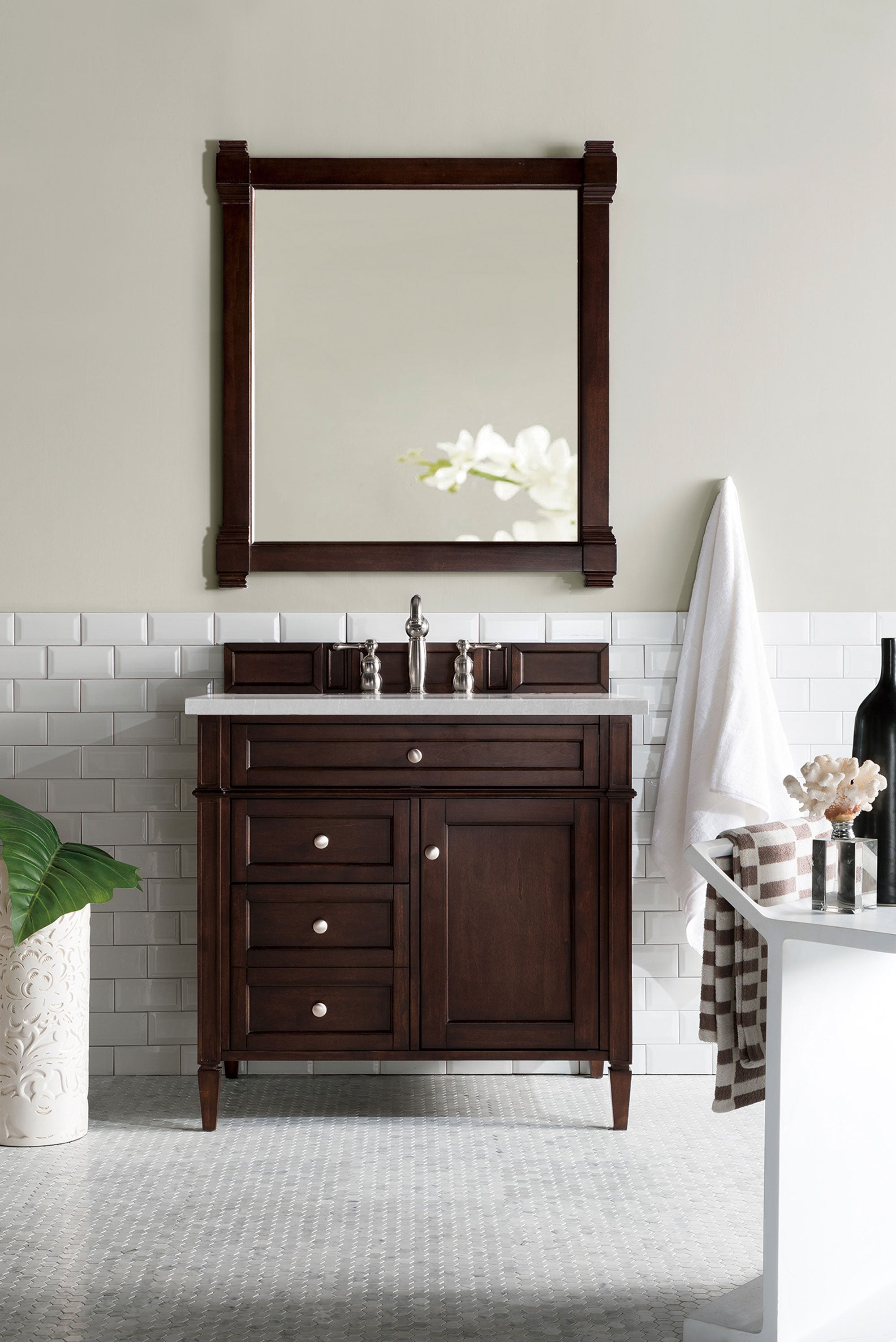 Brittany 36 Inch Burnished Mahogany Bathroom Vanity with 3CM Eternal Serena Quartz Countertop - Perfect for Master Bathroom & Powder Room Remodeling